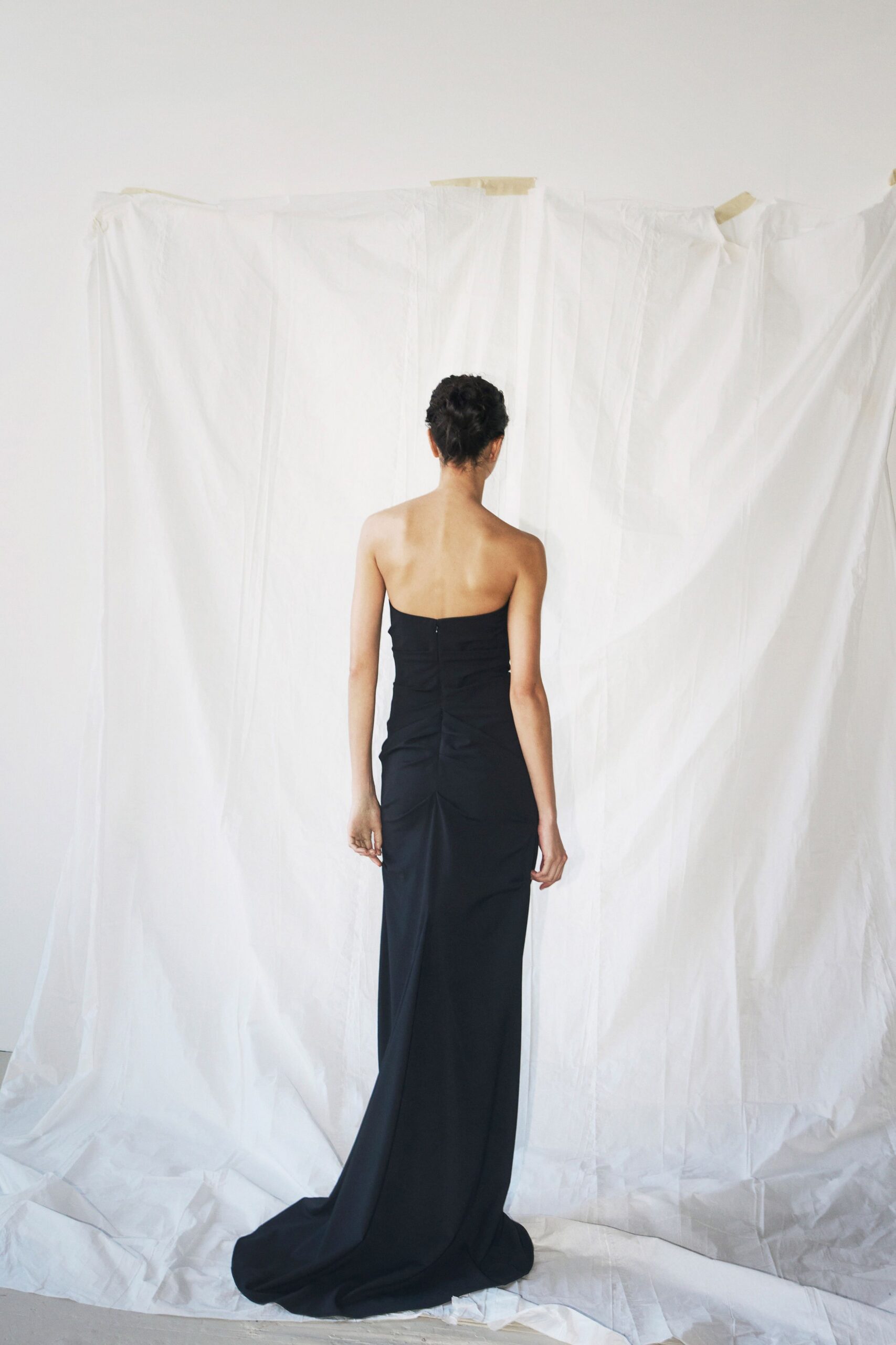 black silk strapless gown
