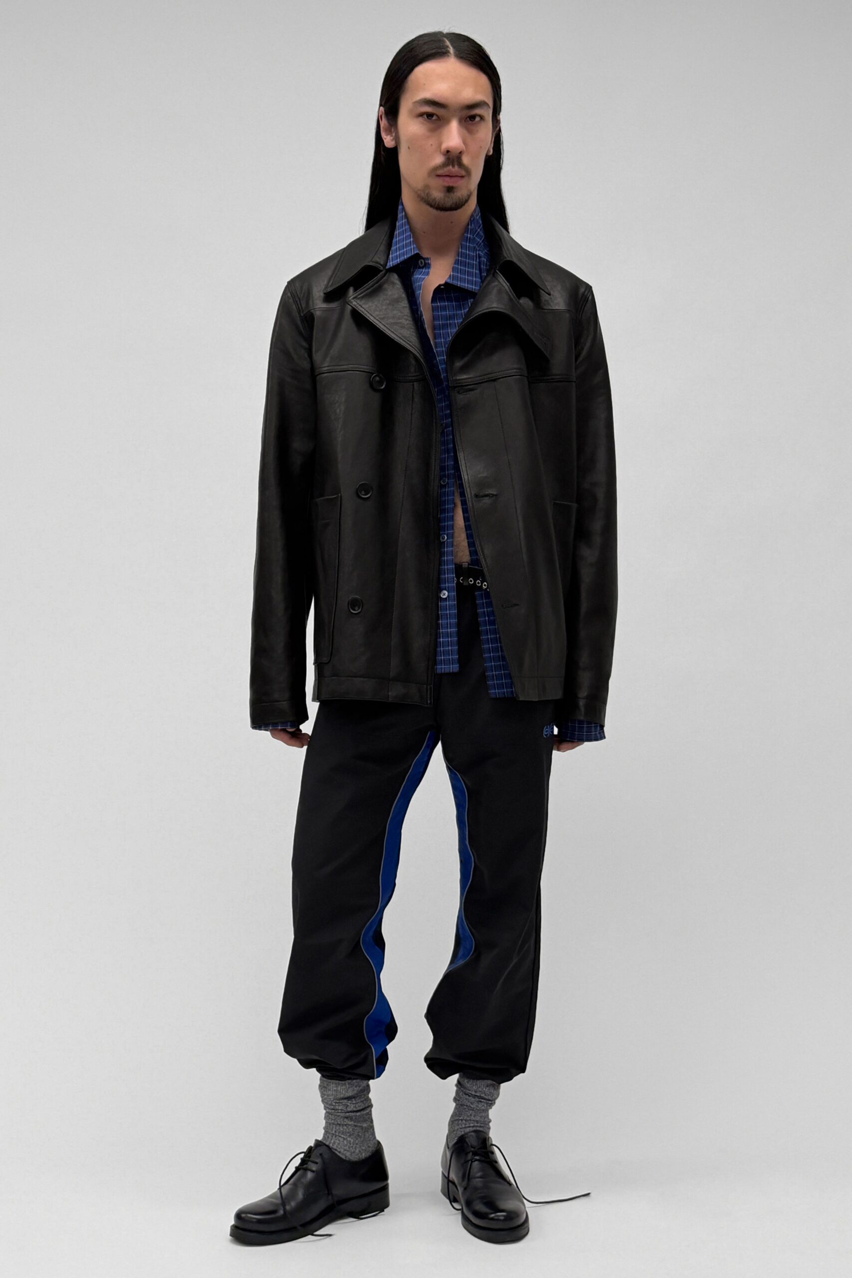 black leather jacket with blue shirt