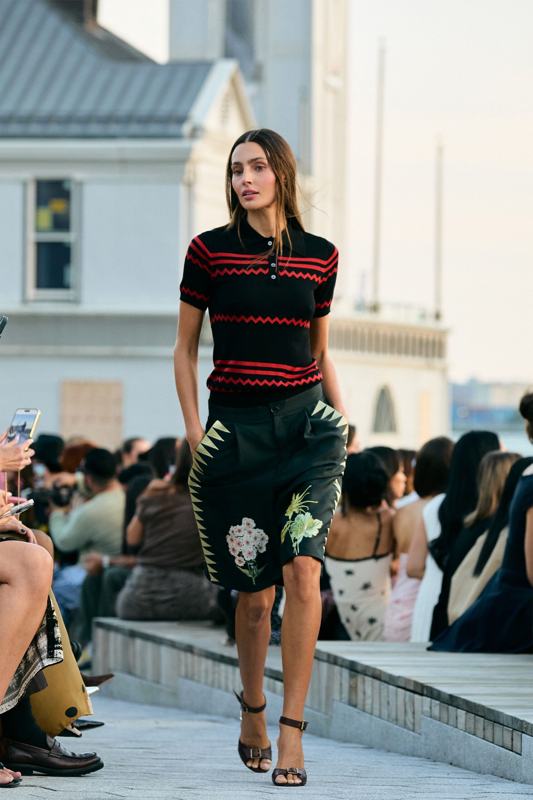black and red fitted top with embroidered skirt
