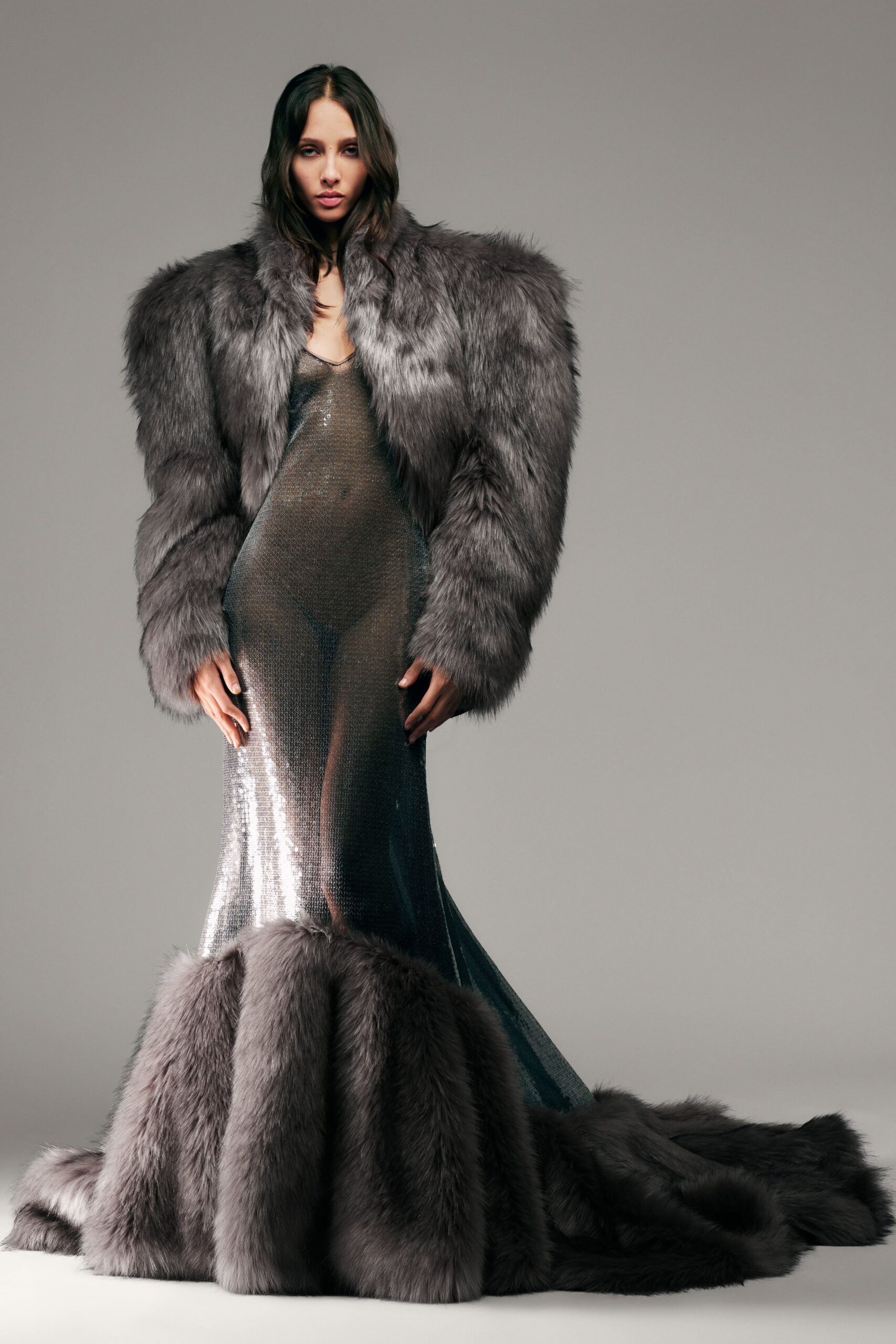 gray fur long-sleeve v-neck fitted sequined flared gown