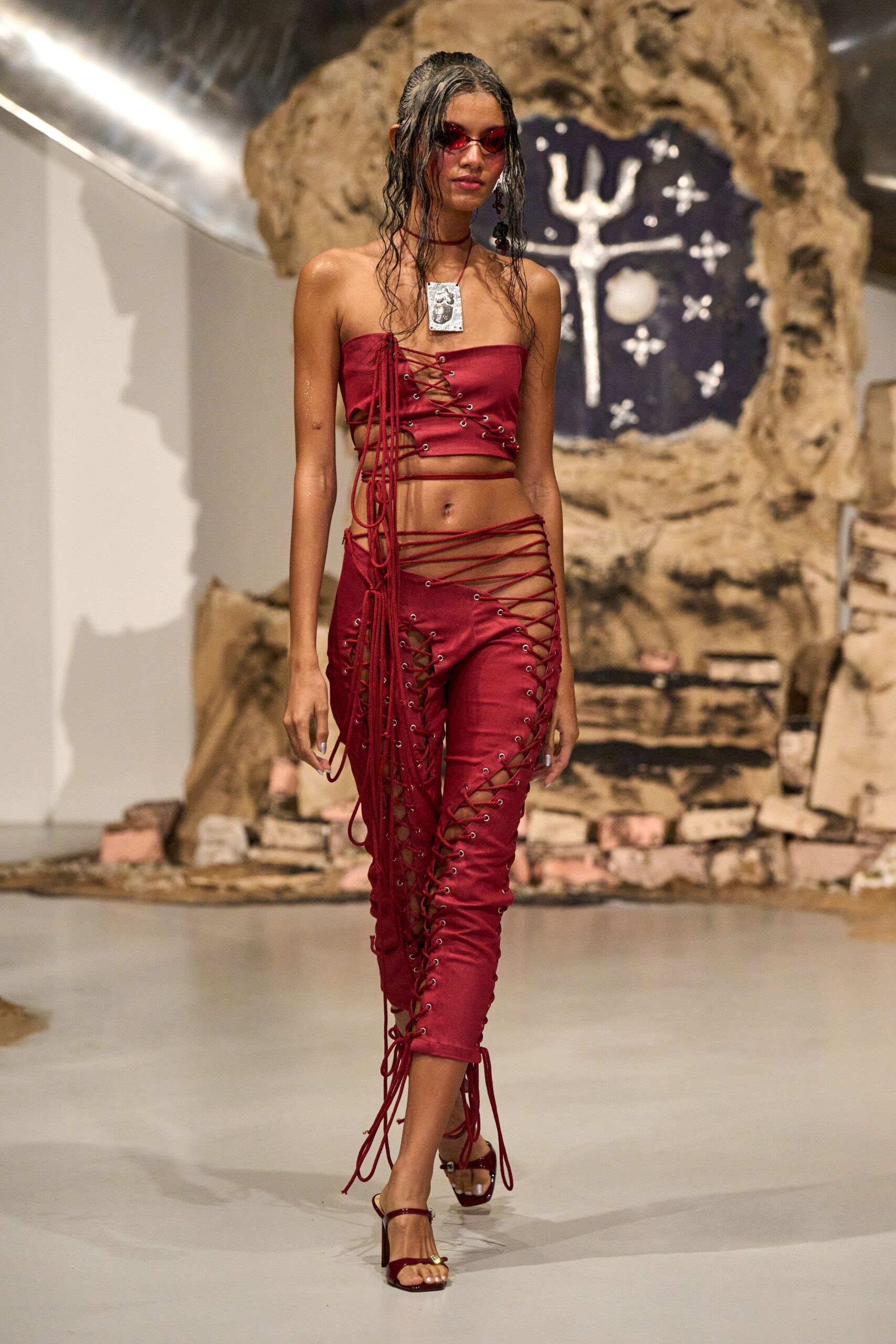 red fitted top and pants