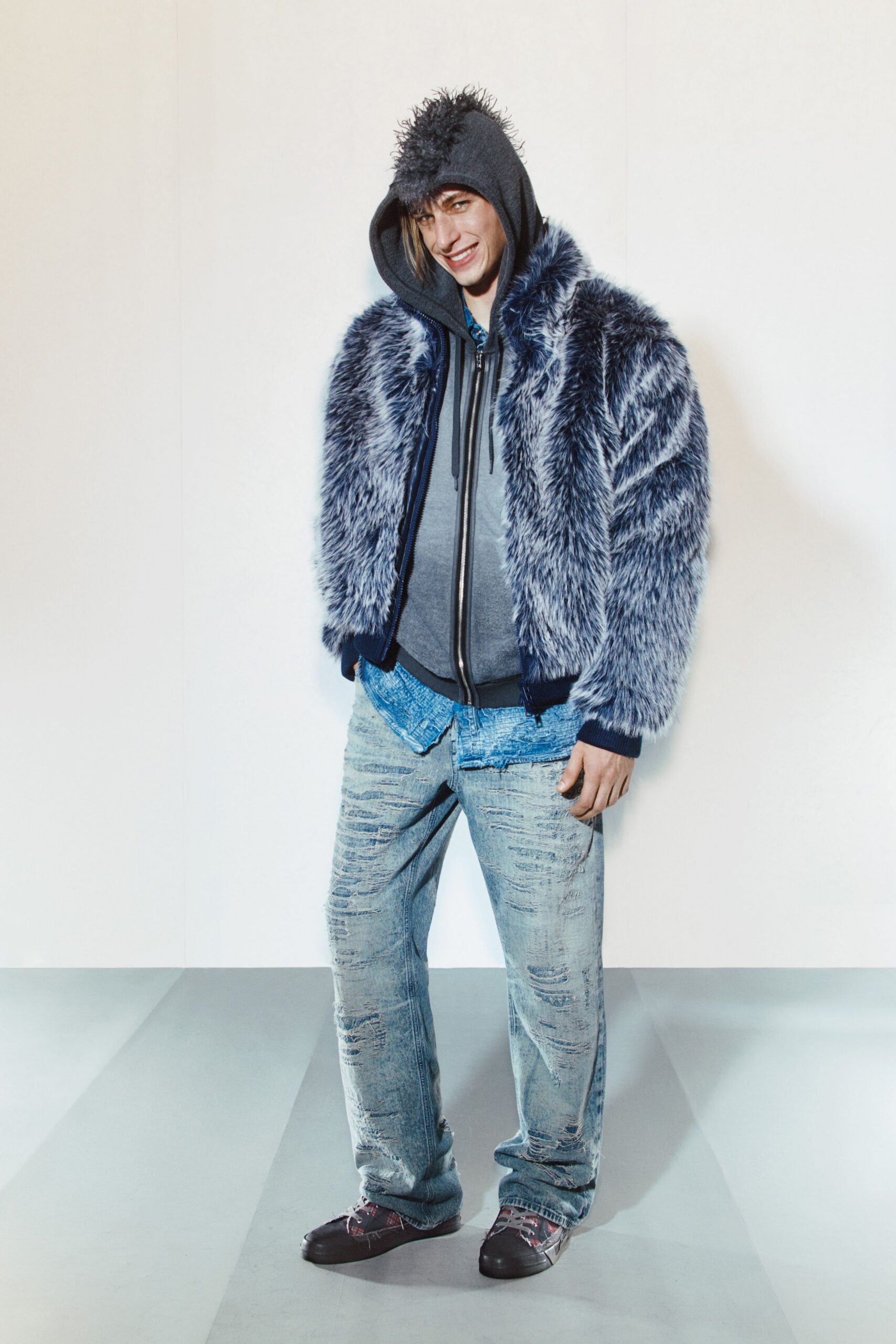 blue faux-fur jacket with hoodie