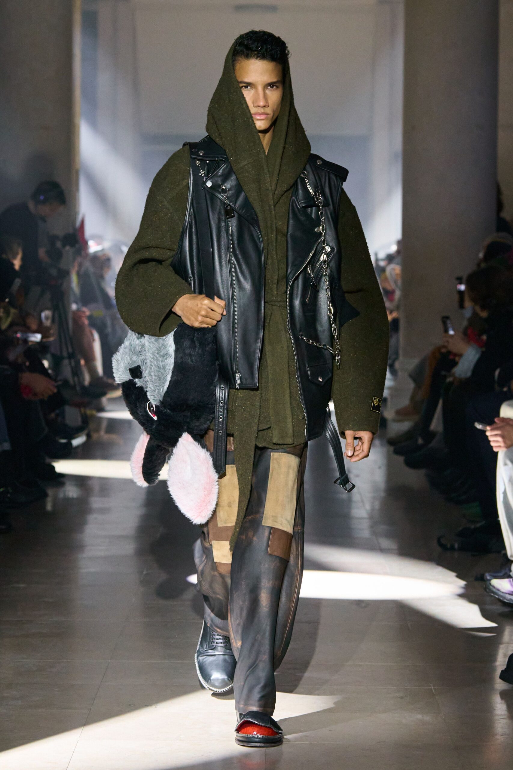green hoodie black leather jacket
