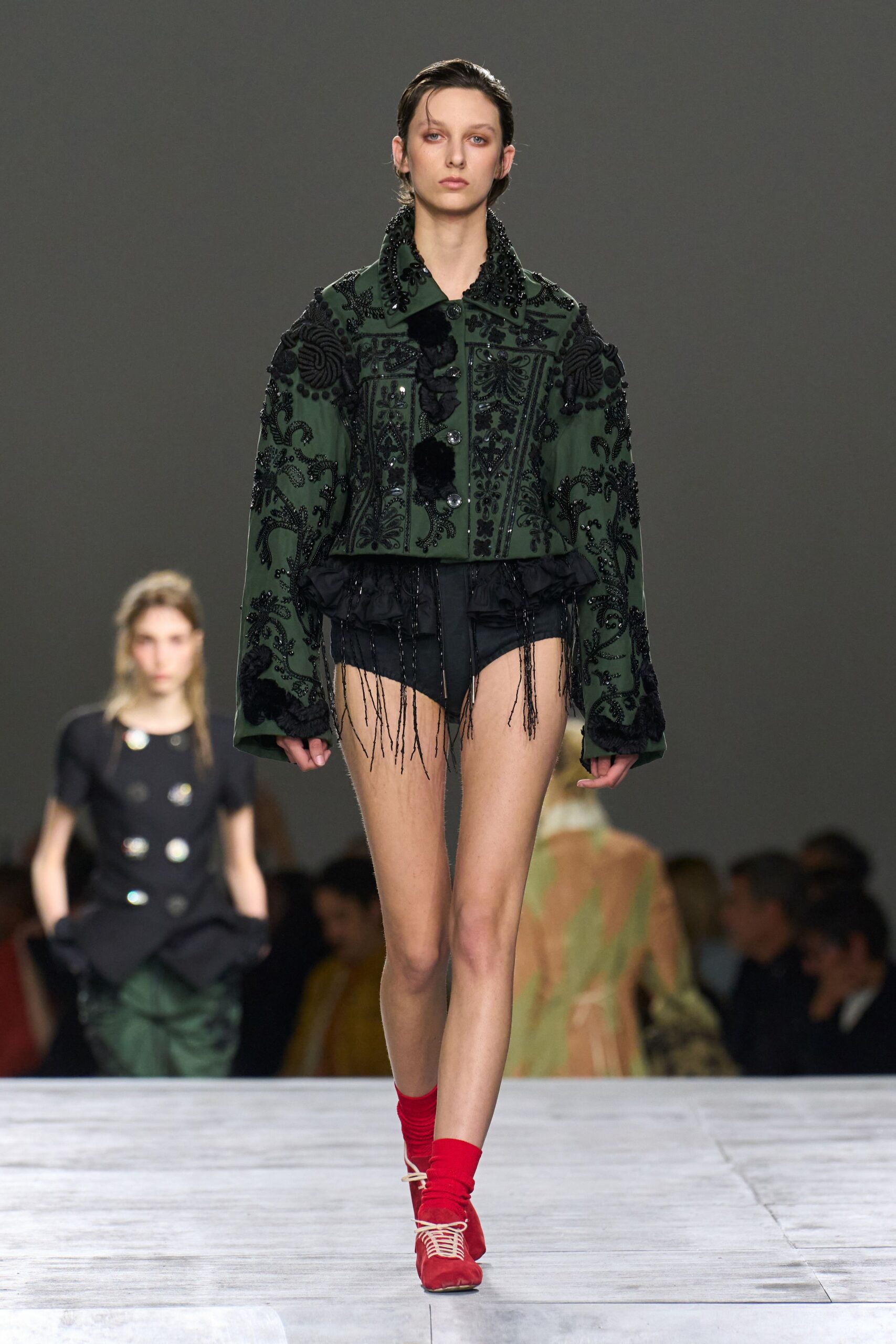green cotton long-sleeve collared oversized embroidered fringed jacket