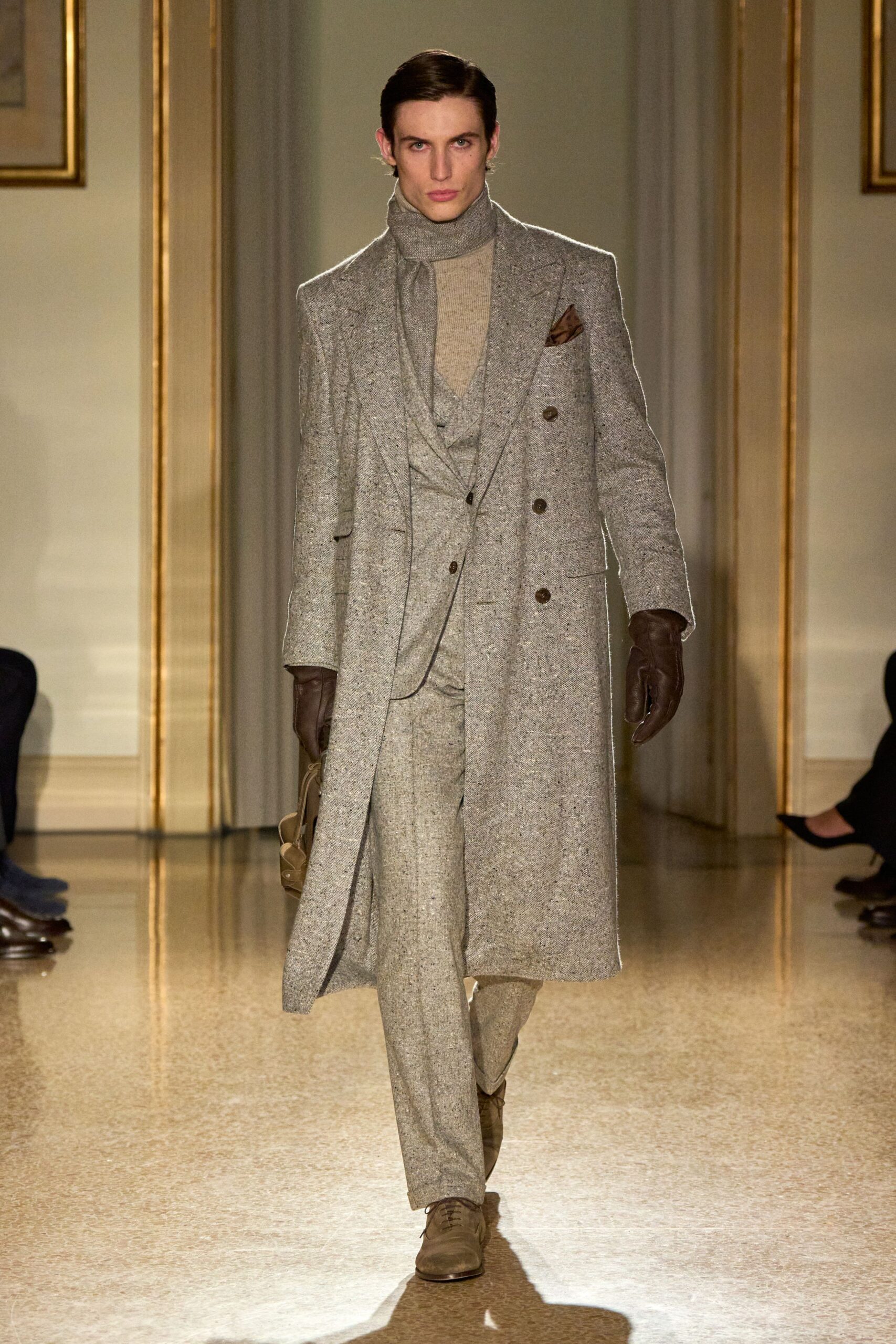 gray tailored wool coat and suit