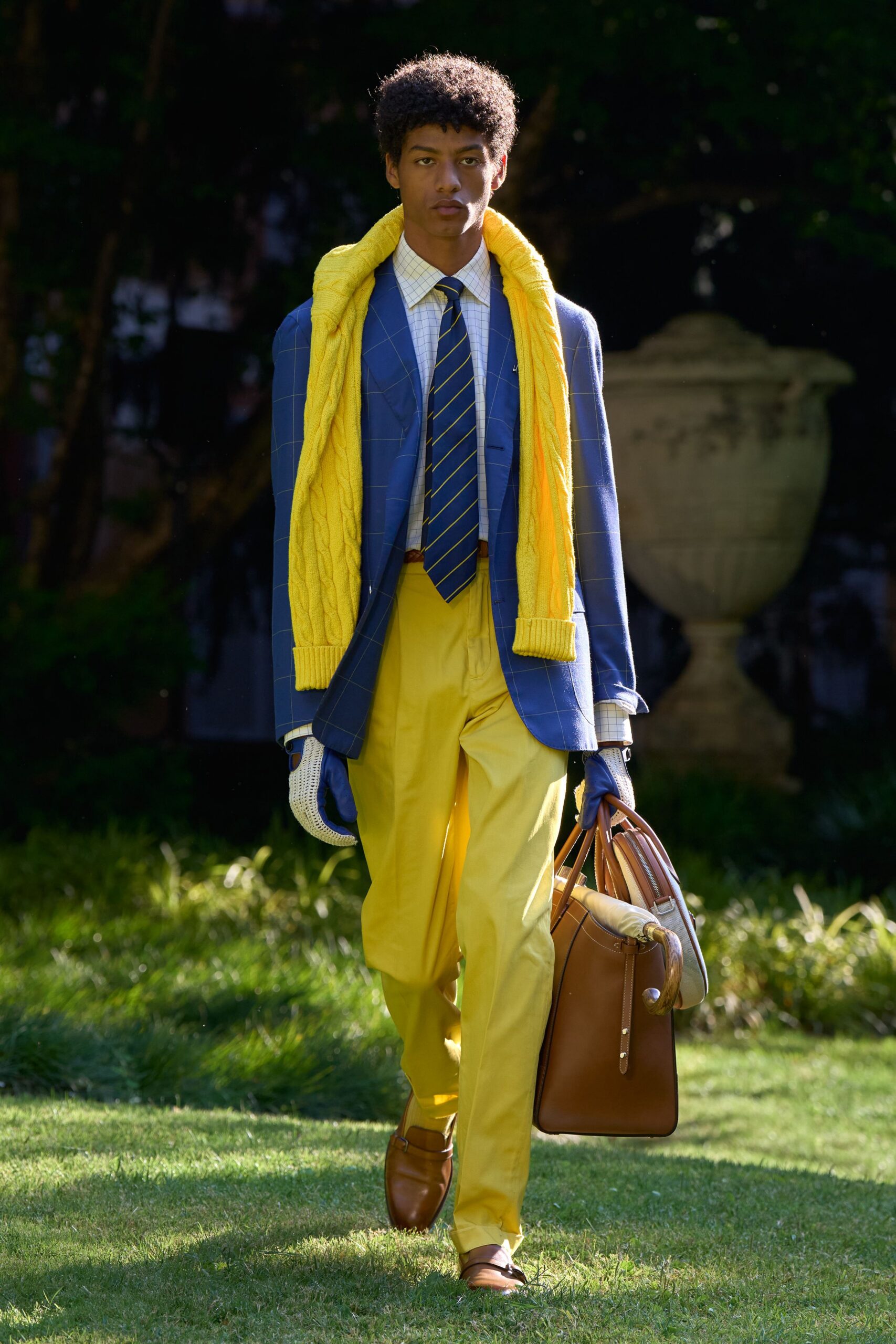 blue tailored blazer with yellow scarf