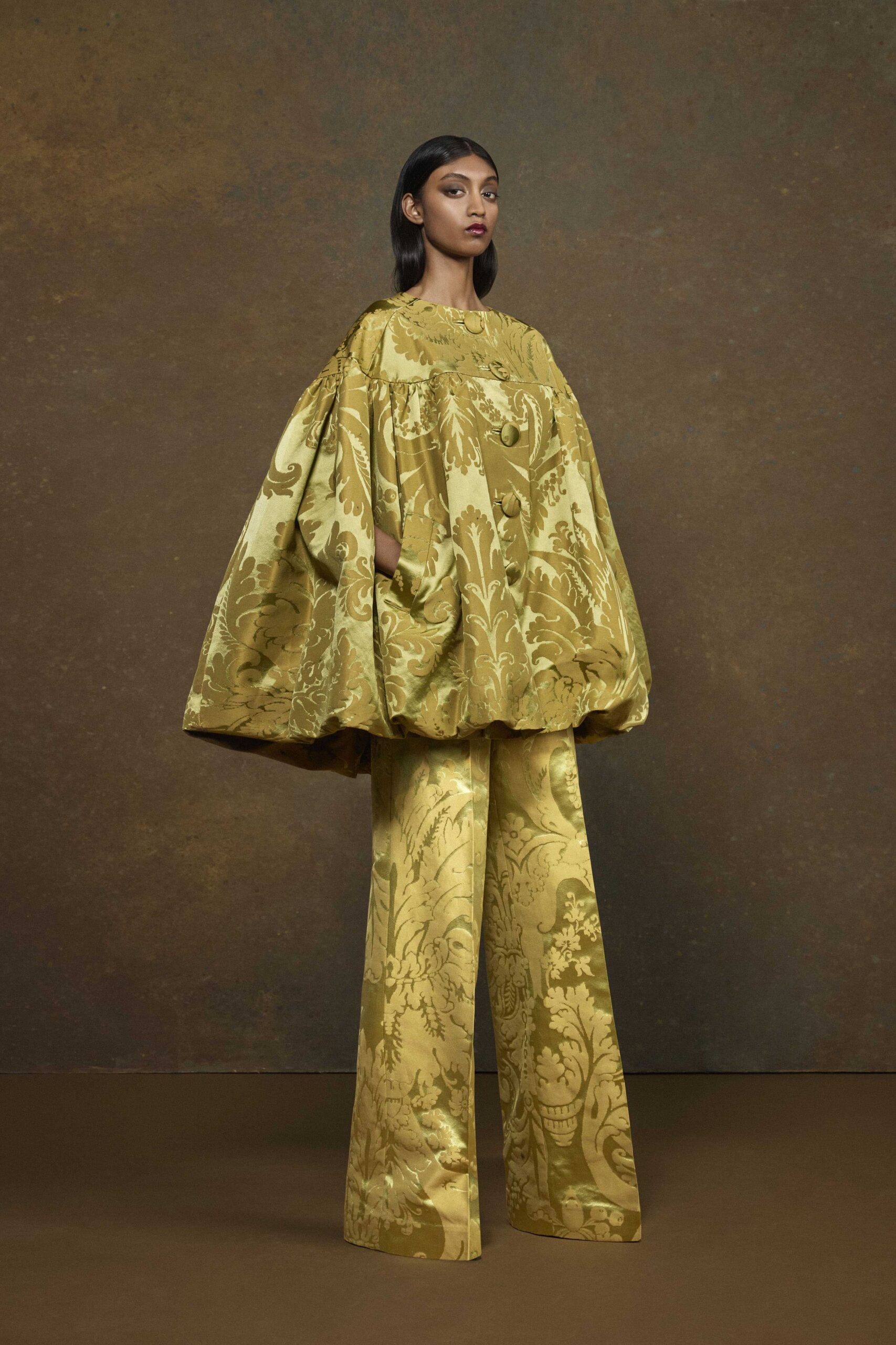 gold silk long-sleeve collared relaxed pleated draped top