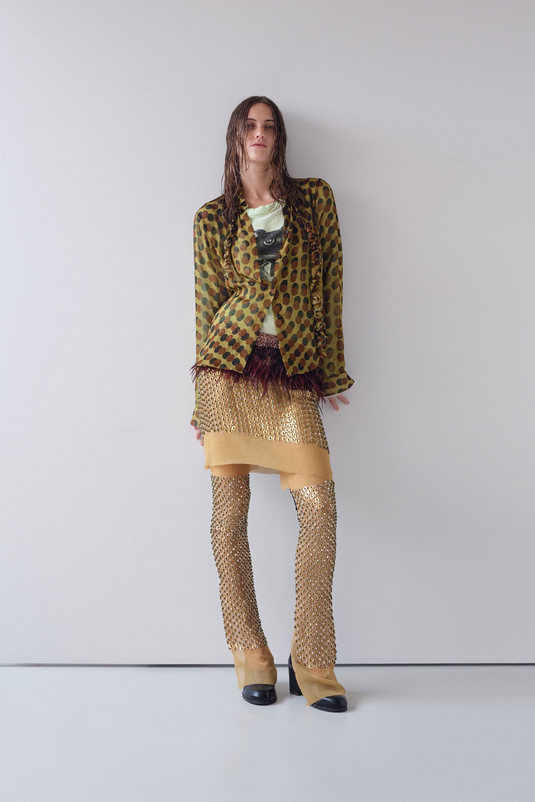 gold metallic fitted flared pants