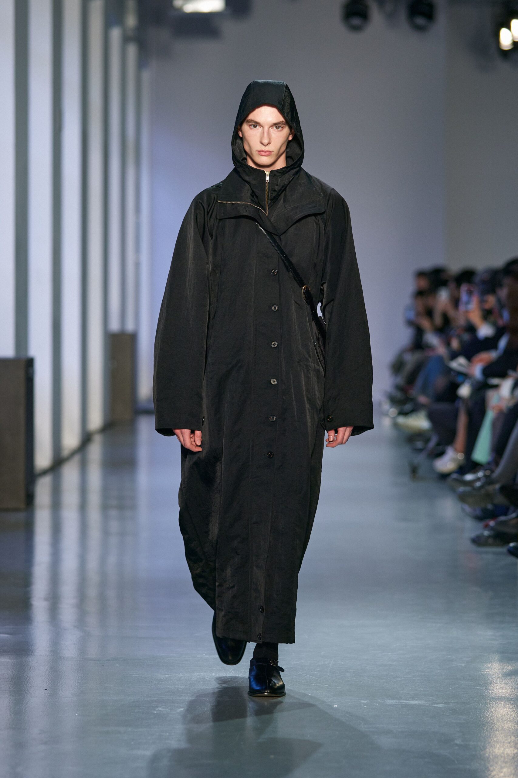black cotton long-sleeve hooded oversized buttoned maxi coat