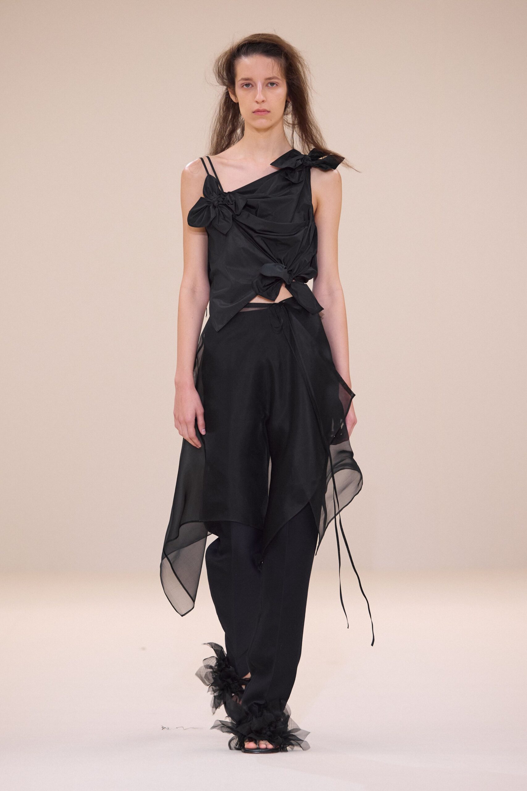 black silk ruffled top and pants