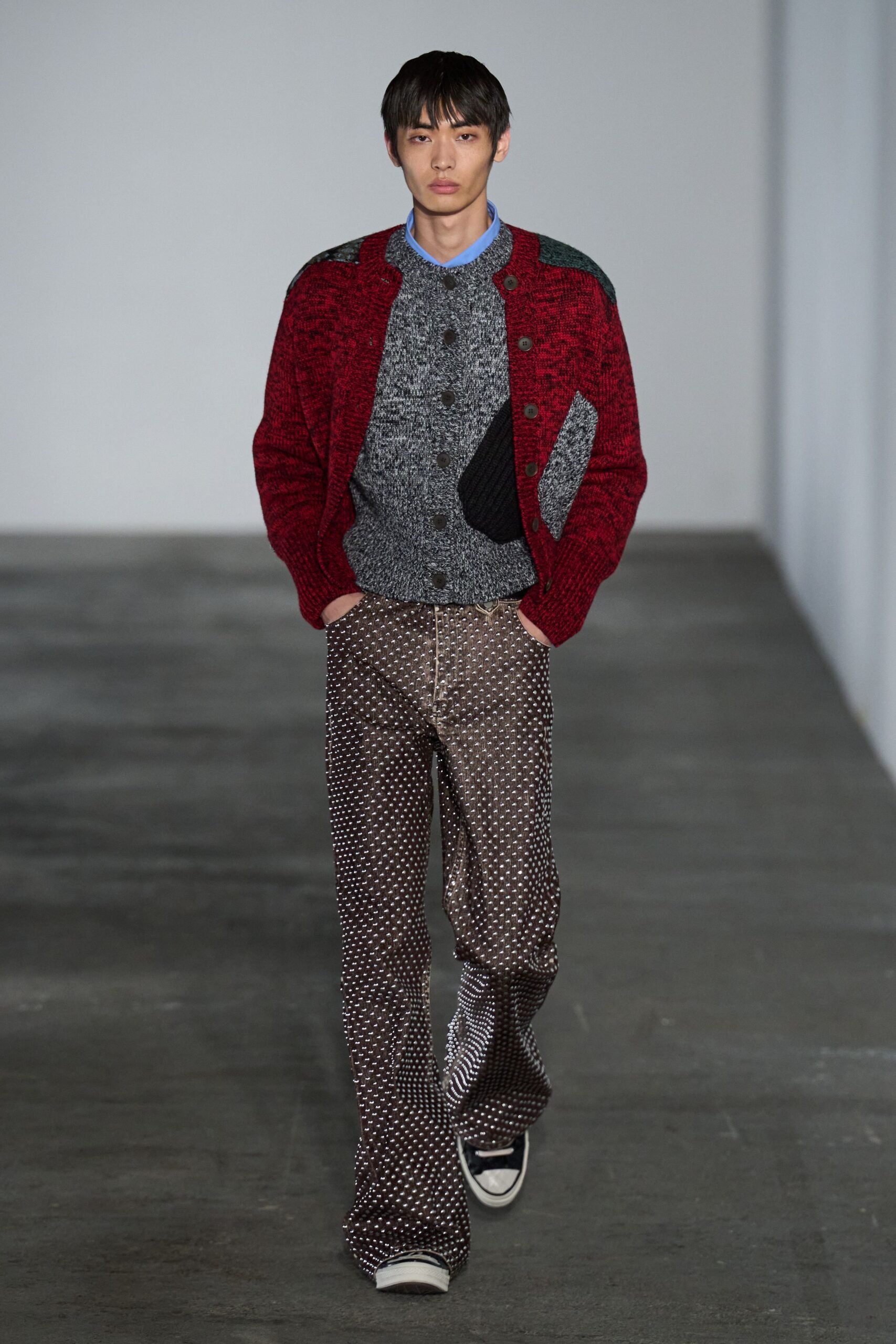 red wool long-sleeve collared fitted buttoned layered sweater