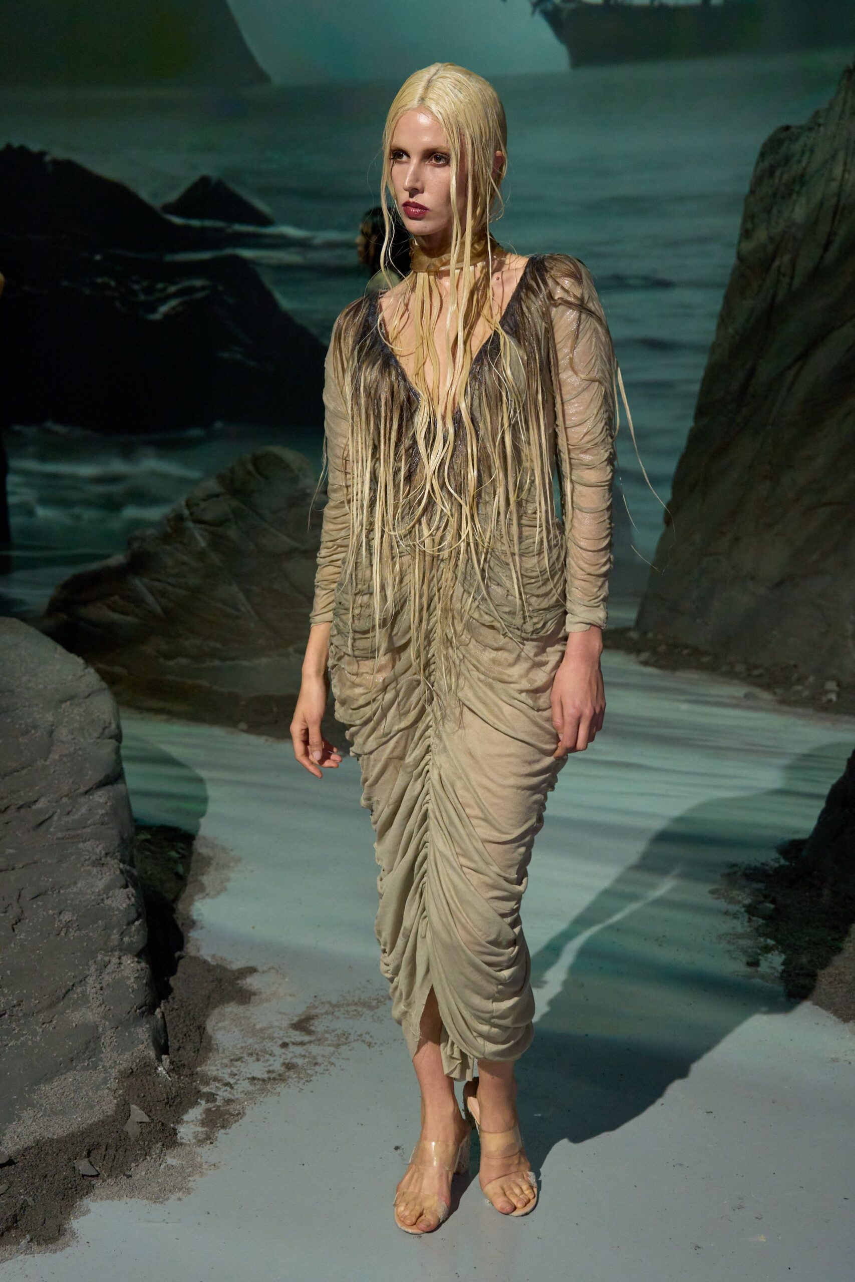 beige ruched gown with clear sandals