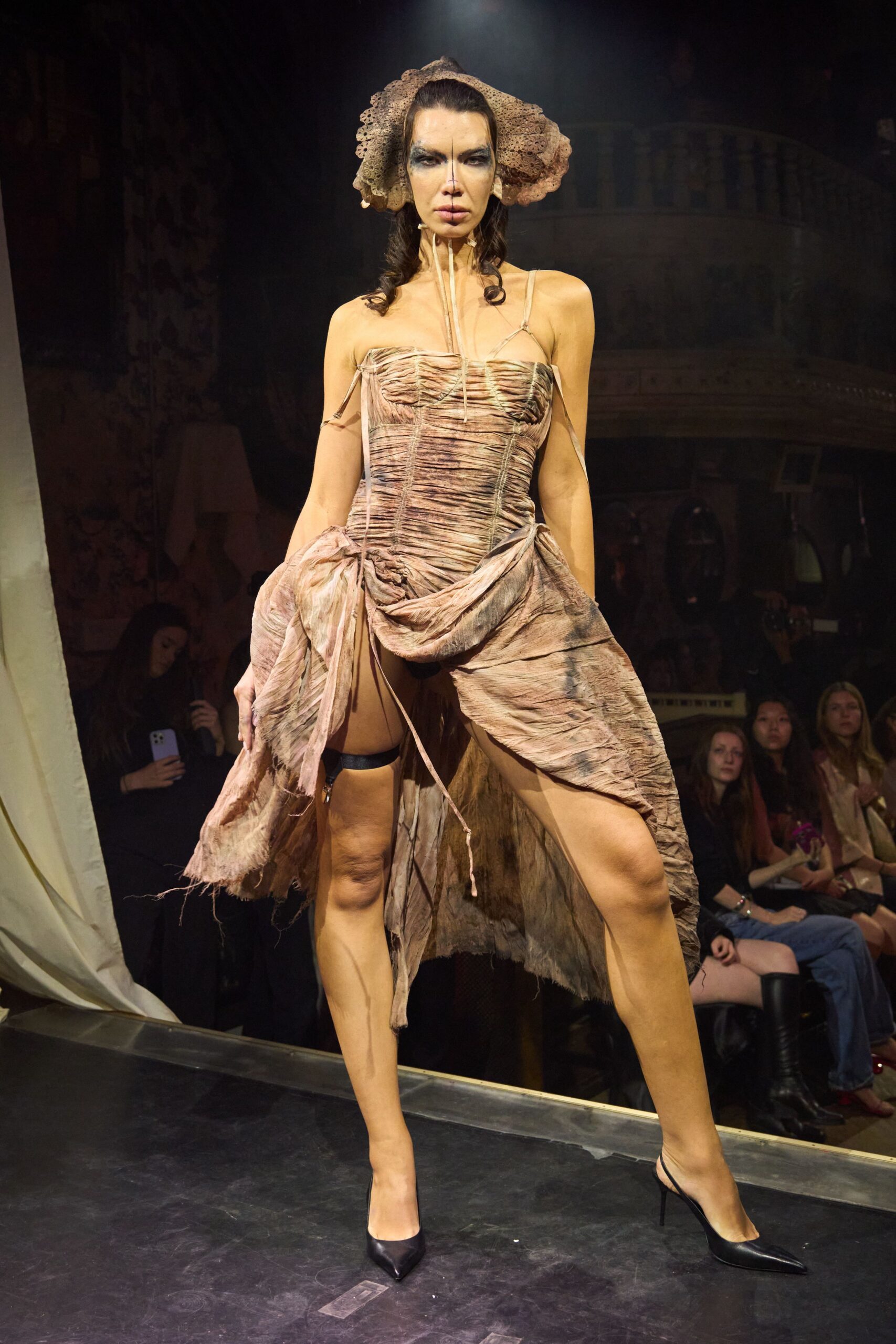 brown silk strapless asymmetric fitted ruched sheer dress