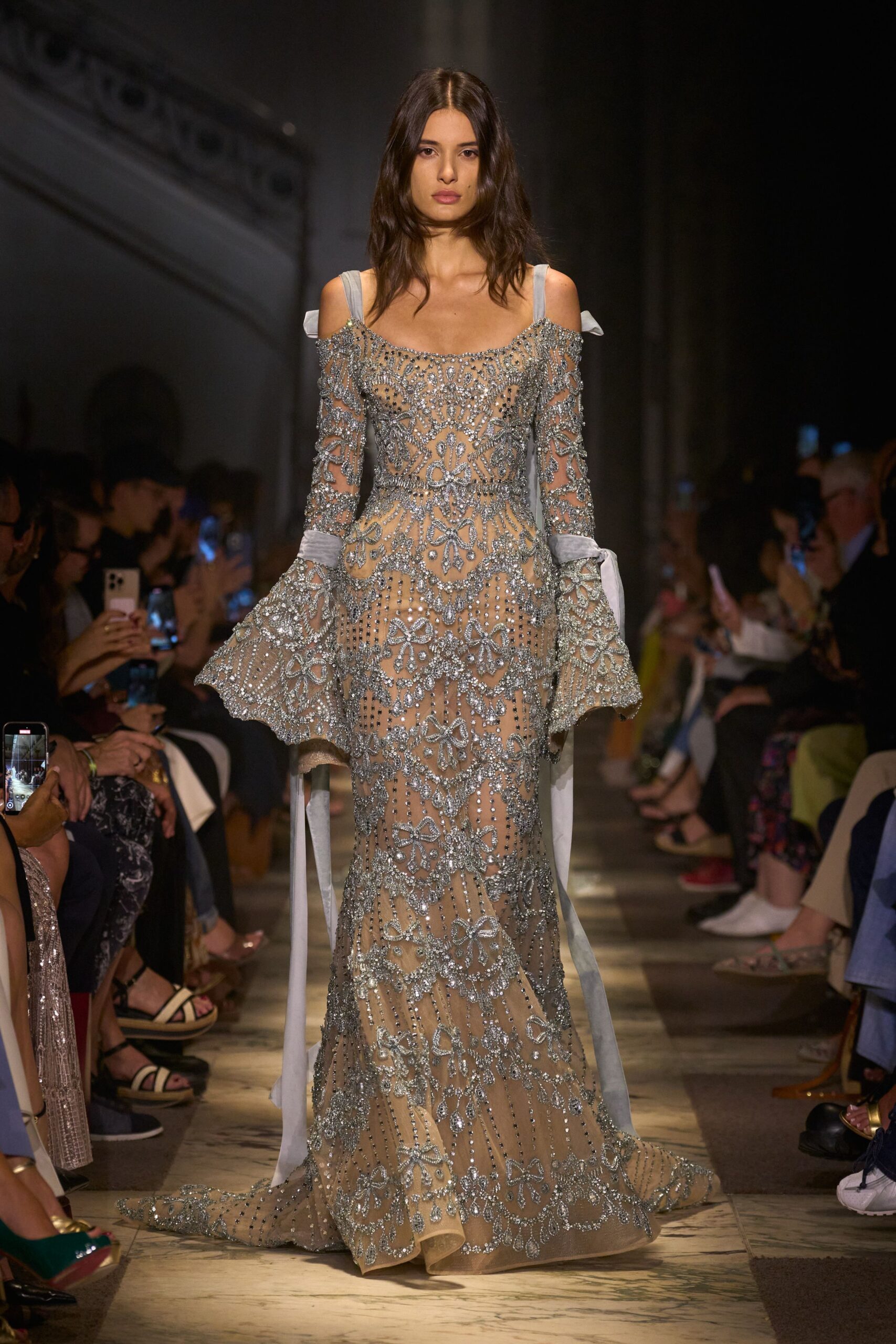 beige lace embroidered gown