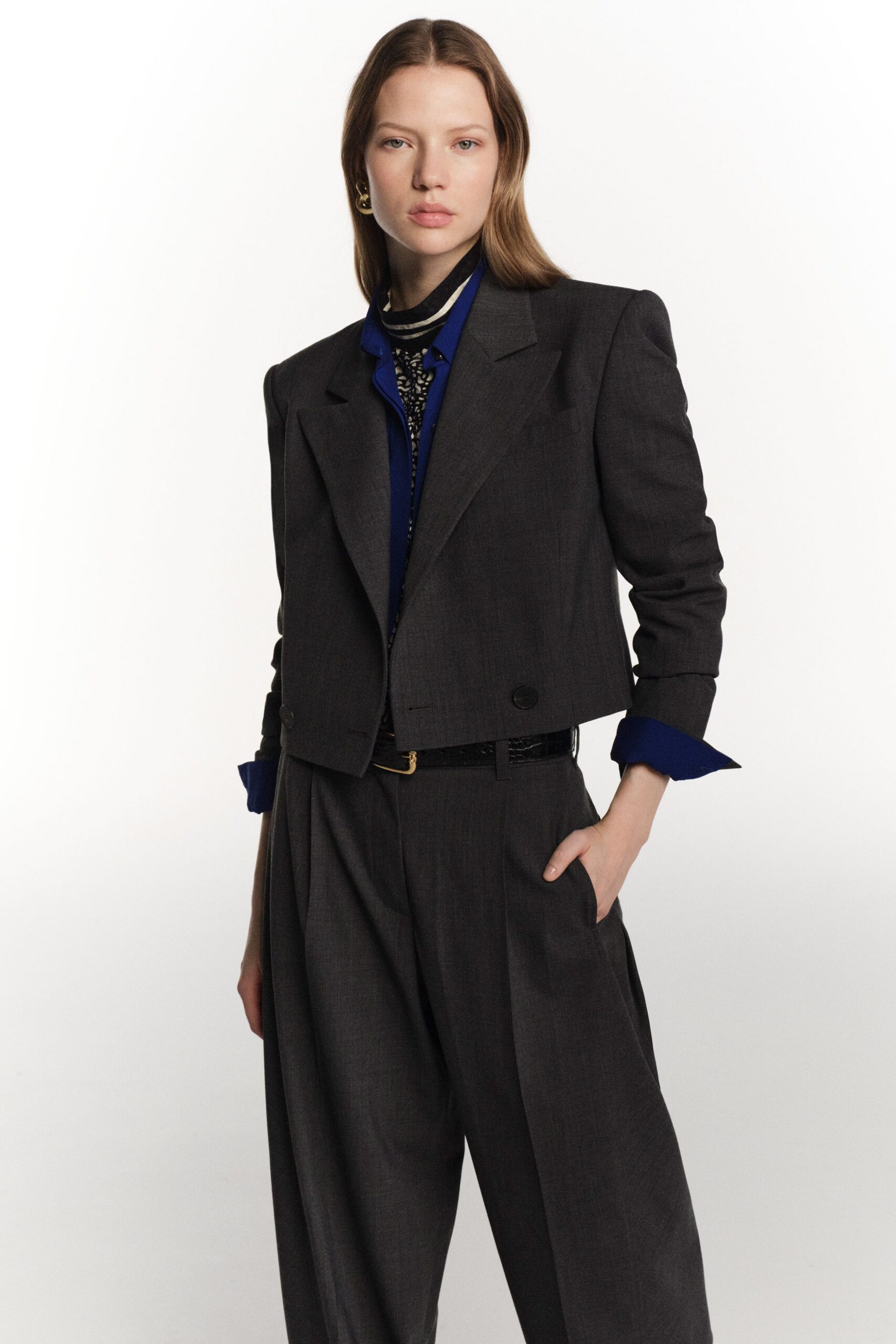 gray tailored blazer with blue shirt