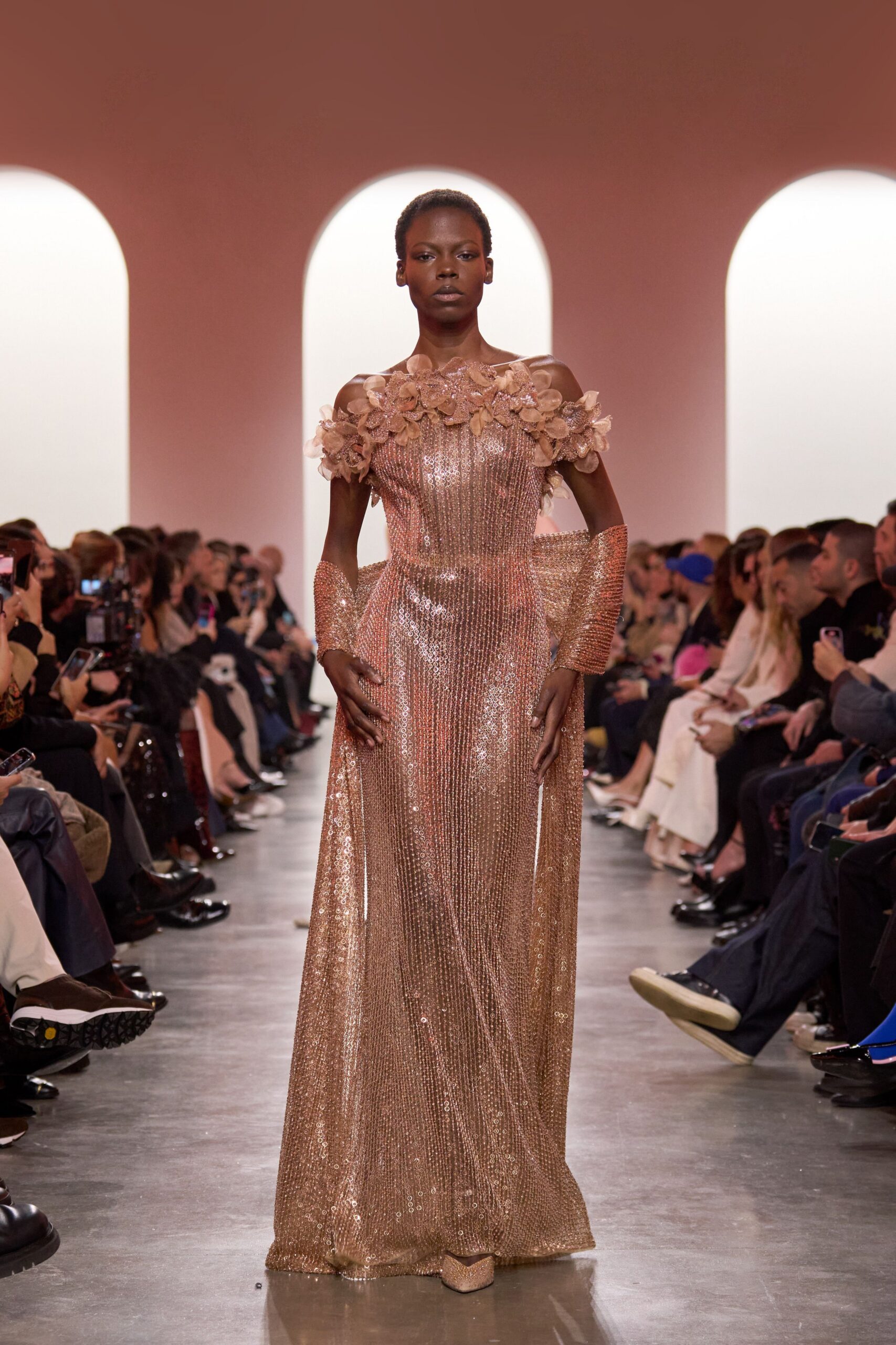 gold sequin sleeveless high-neck fitted layered embellished gown