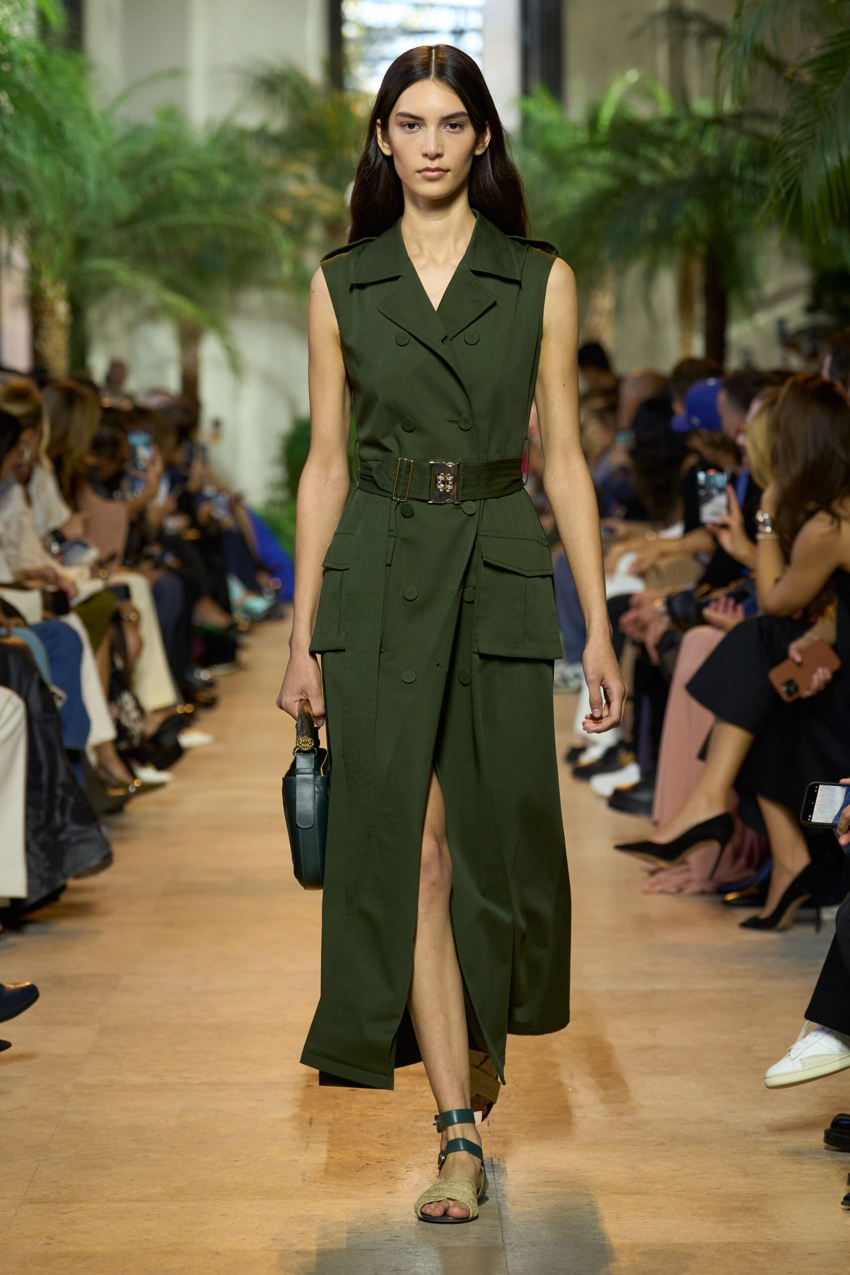 green cotton sleeveless collared fitted belted pockets dress