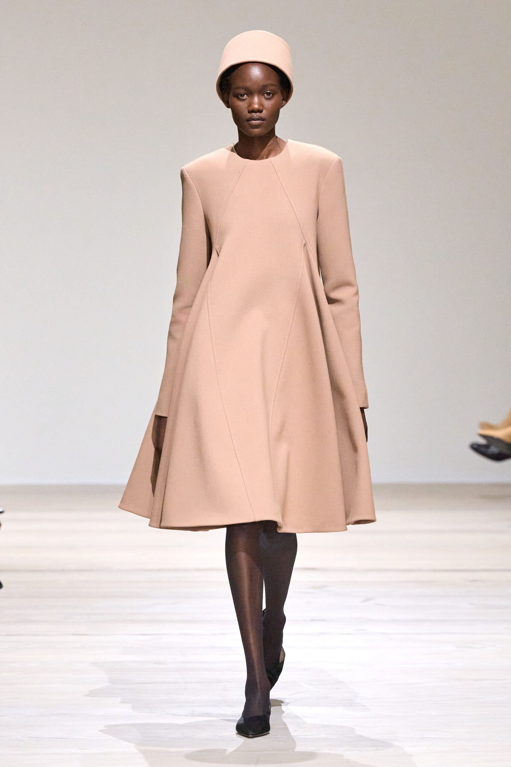 beige wool long-sleeve collared relaxed a-line midi dress