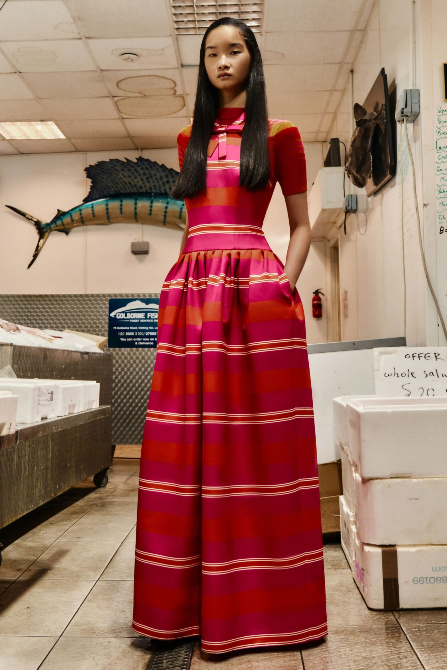 pink and red striped gown