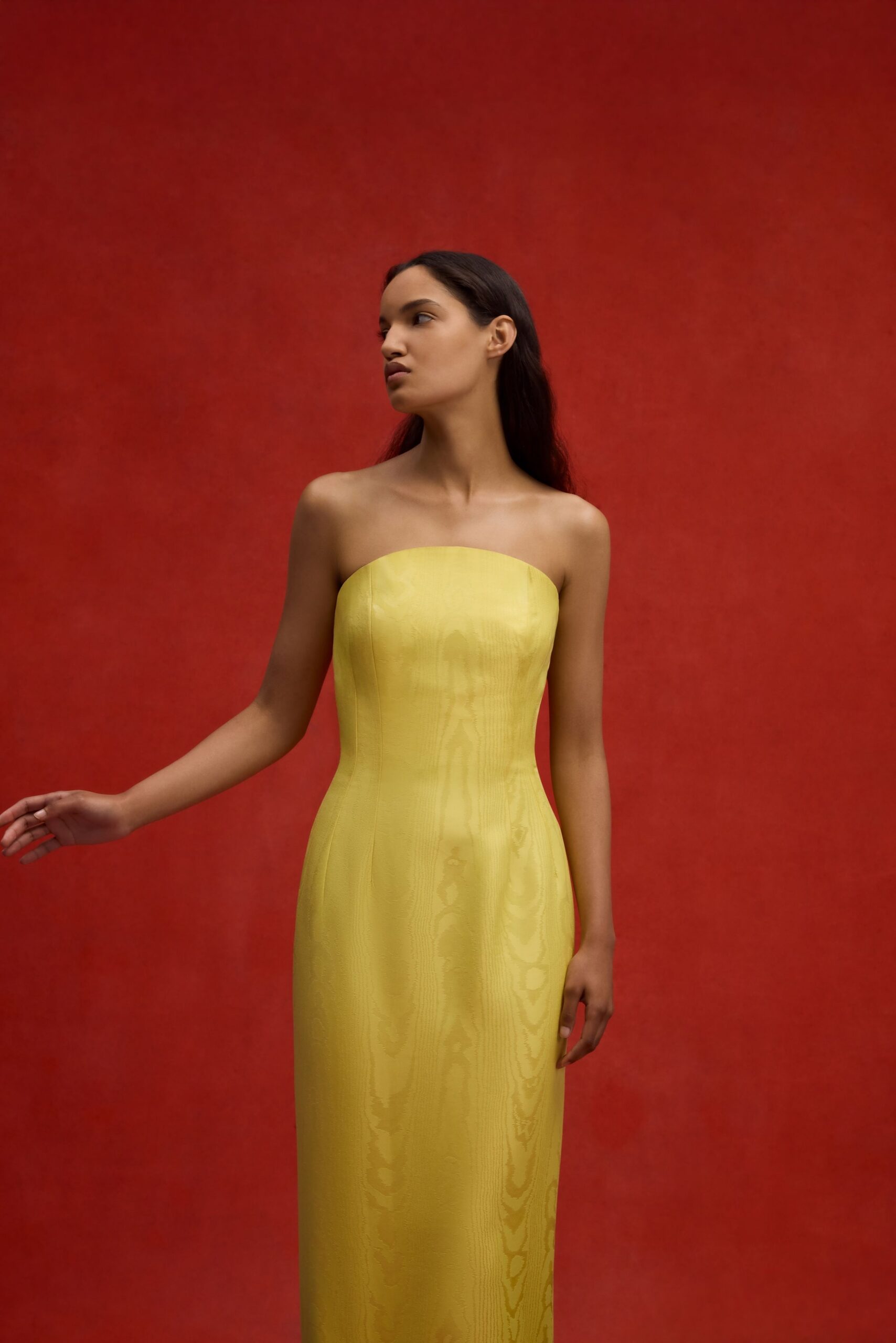 fitted yellow strapless gown