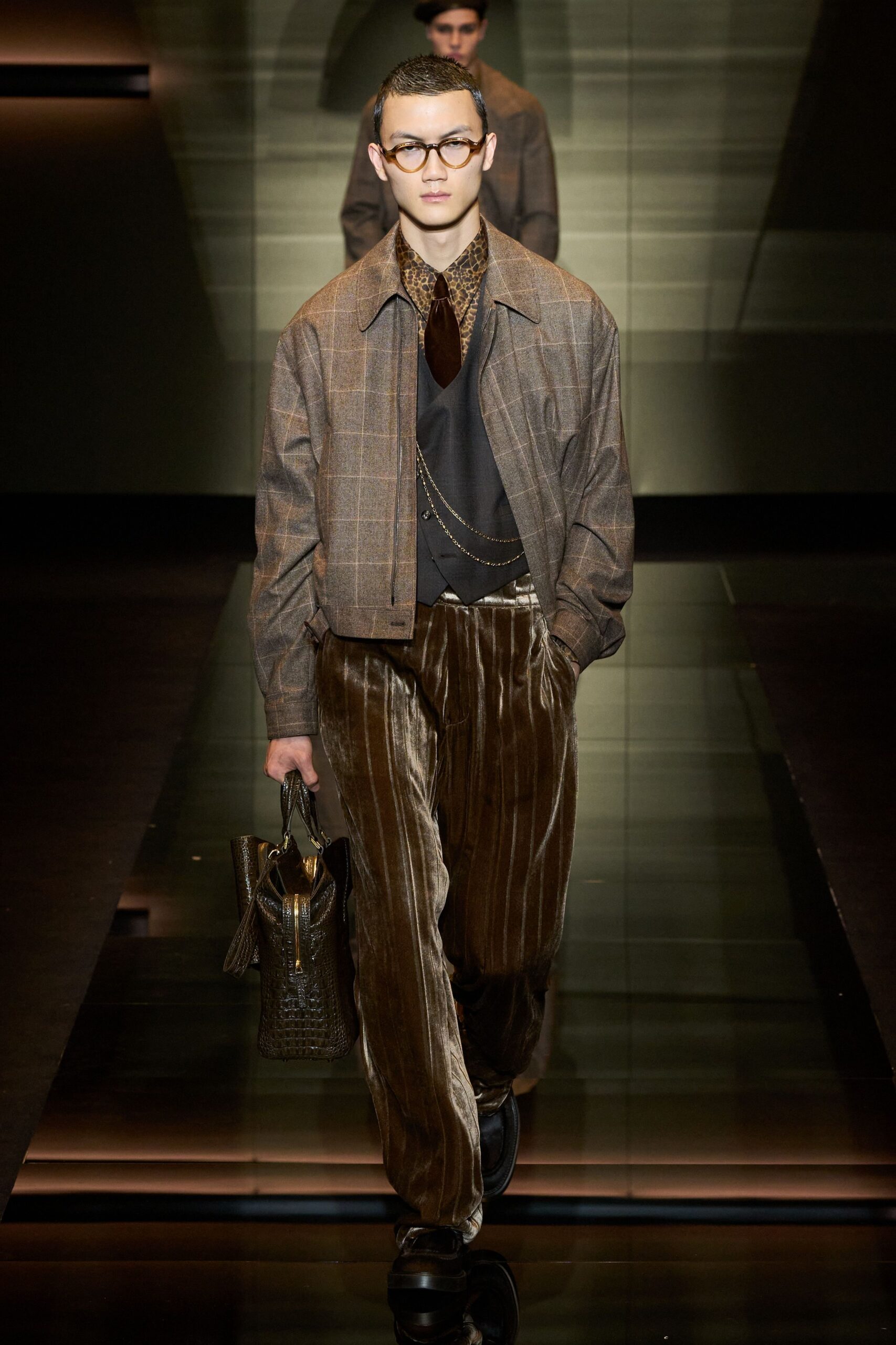 brown checked jacket with velvet pants