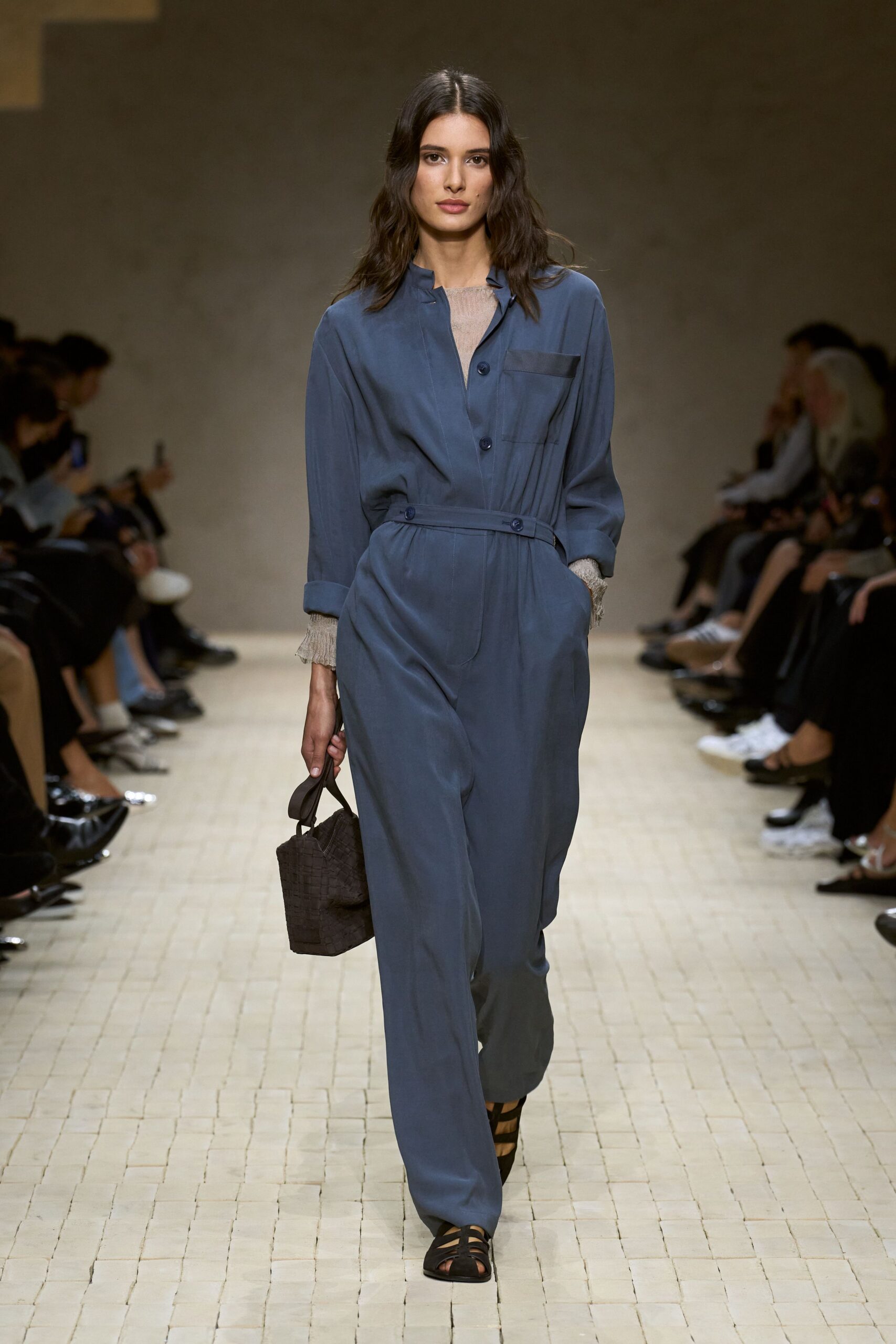 blue cotton long-sleeve collared fitted buttoned jumpsuit