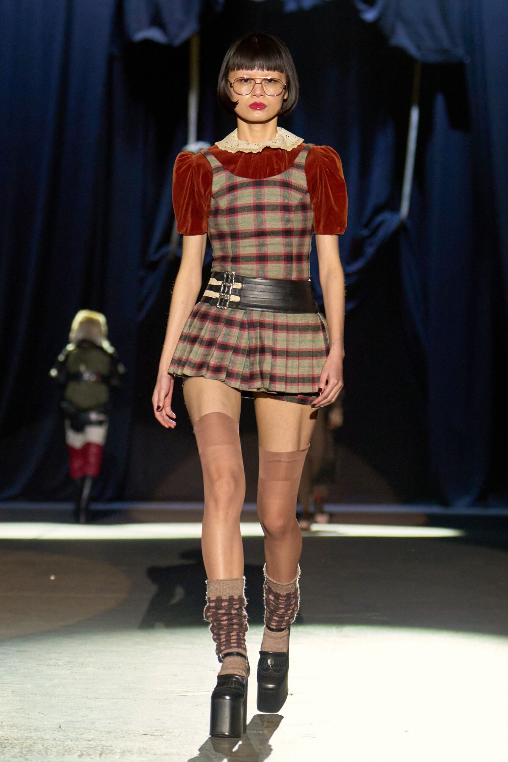red cotton sleeveless collared fitted checked pleated dress