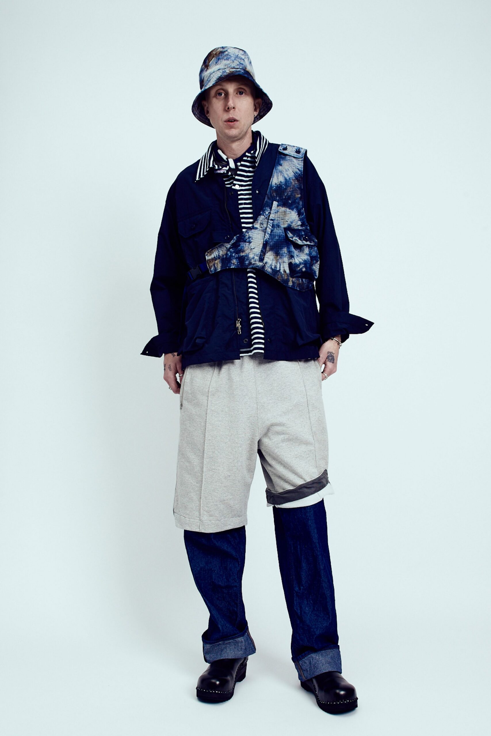 blue relaxed jacket with striped shirt