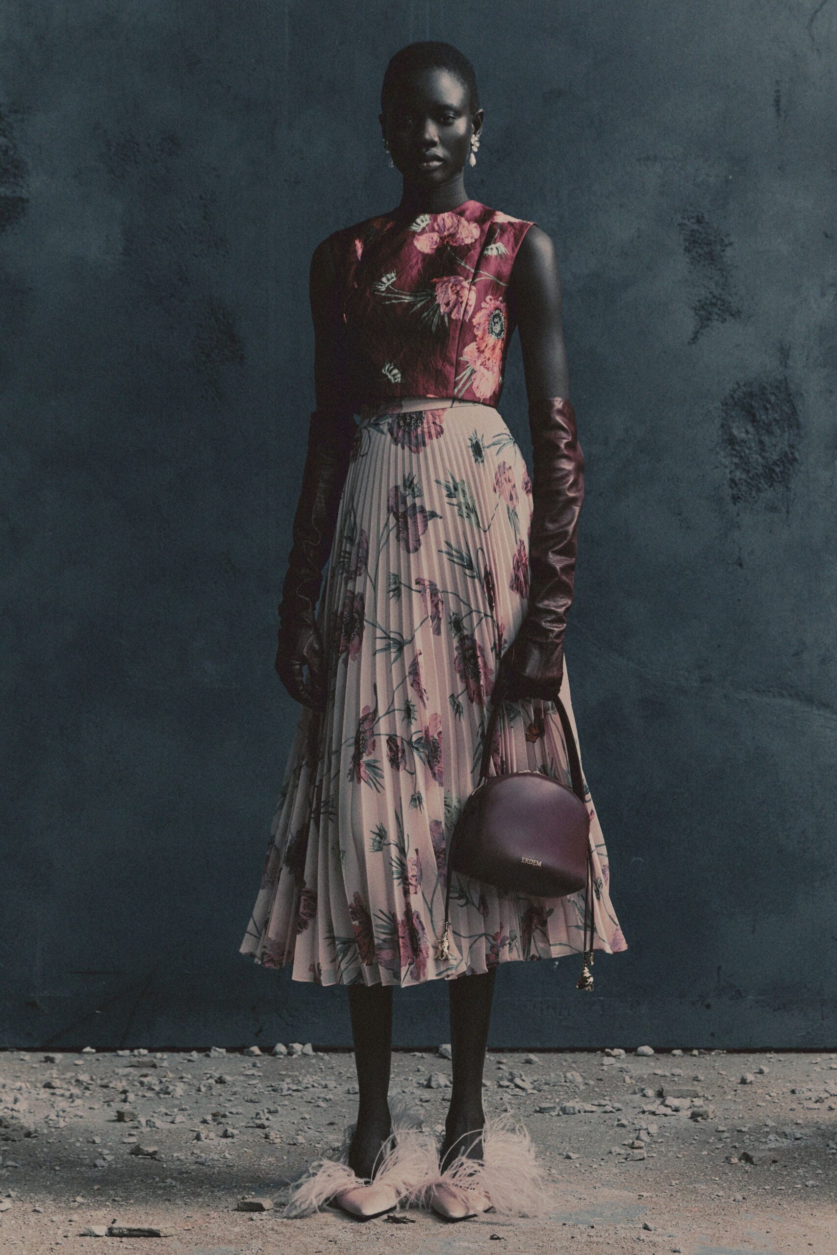 red silk sleeveless v-neck fitted floral pleated dress