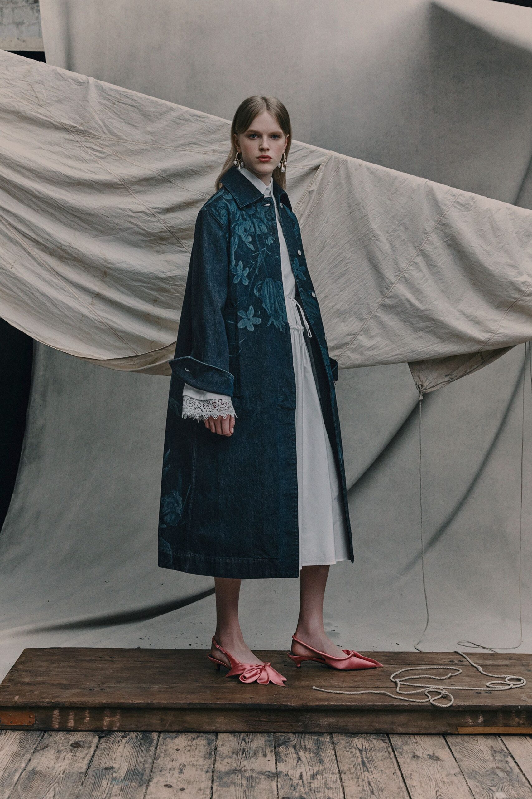 blue denim long-sleeve collared relaxed embroidered maxi coat