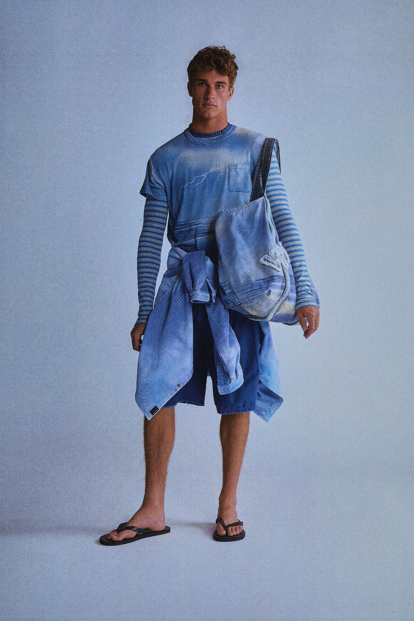 blue casual outfit with sandals