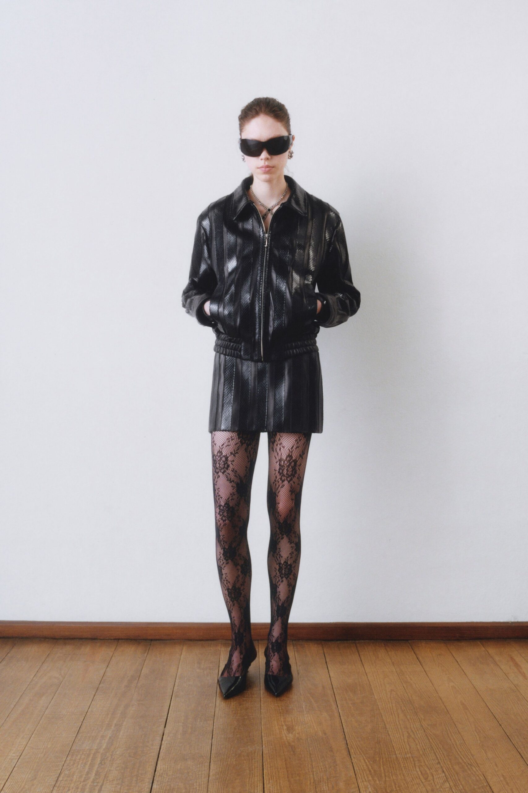 black leather jacket and skirt