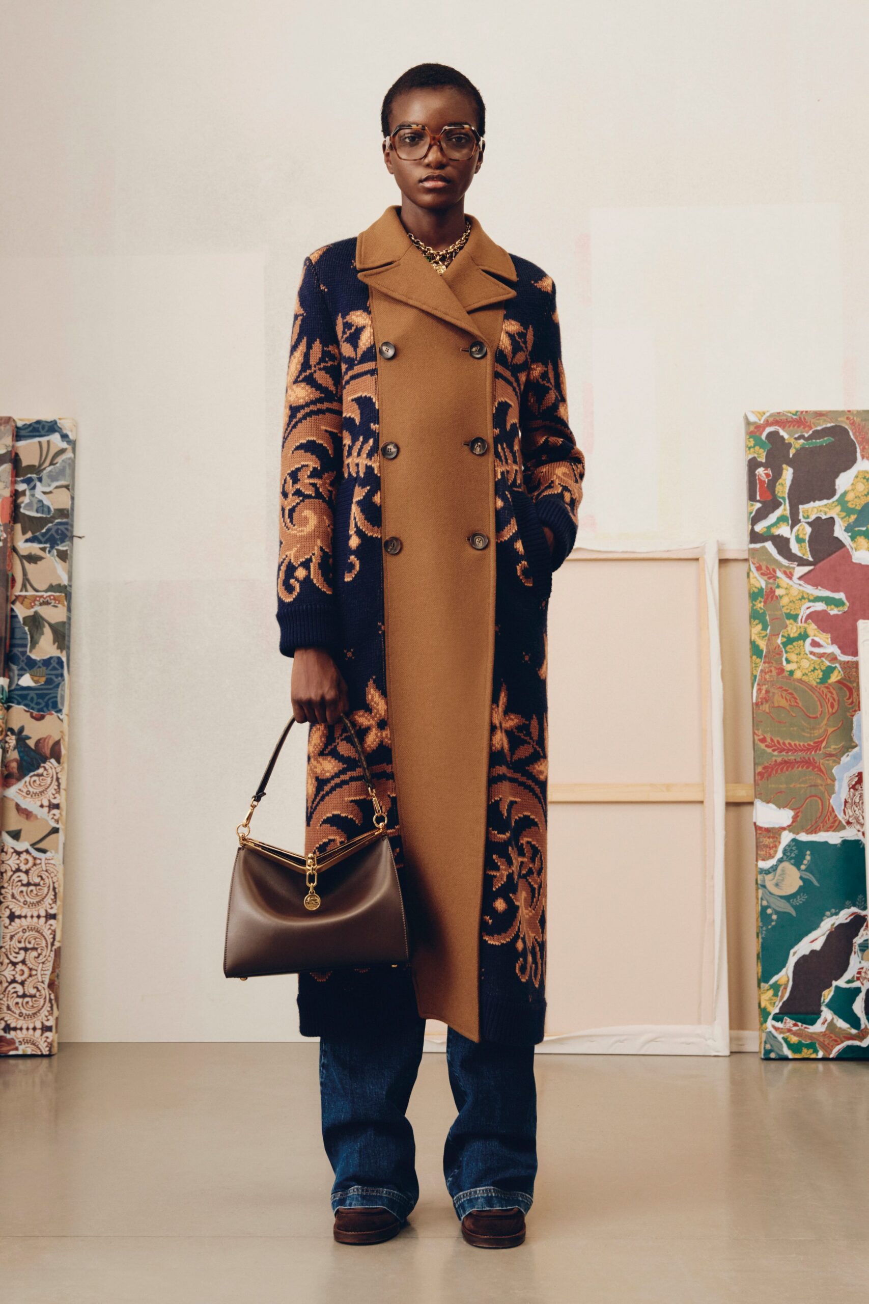 blue wool long-sleeve collared relaxed embroidered maxi coat
