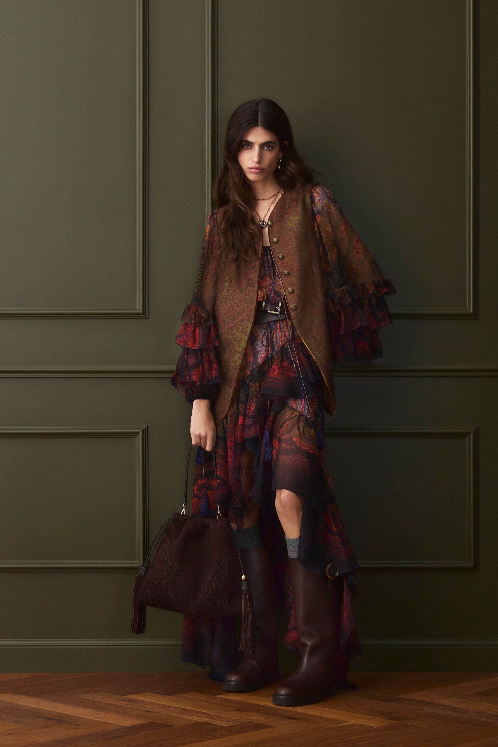 brown silk long-sleeve collared fitted ruffled embroidered vest