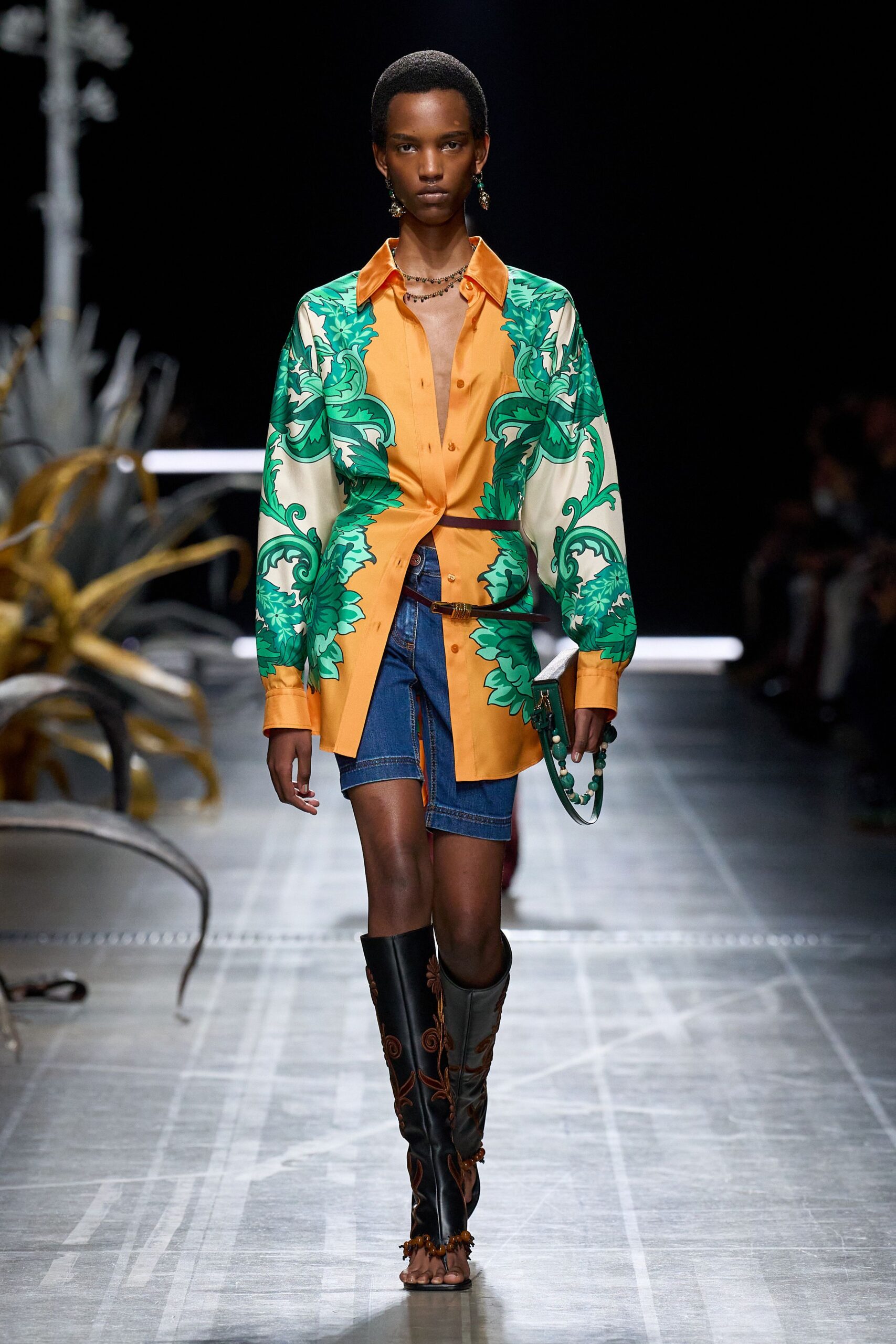 orange silk long-sleeve collared relaxed printed shirt
