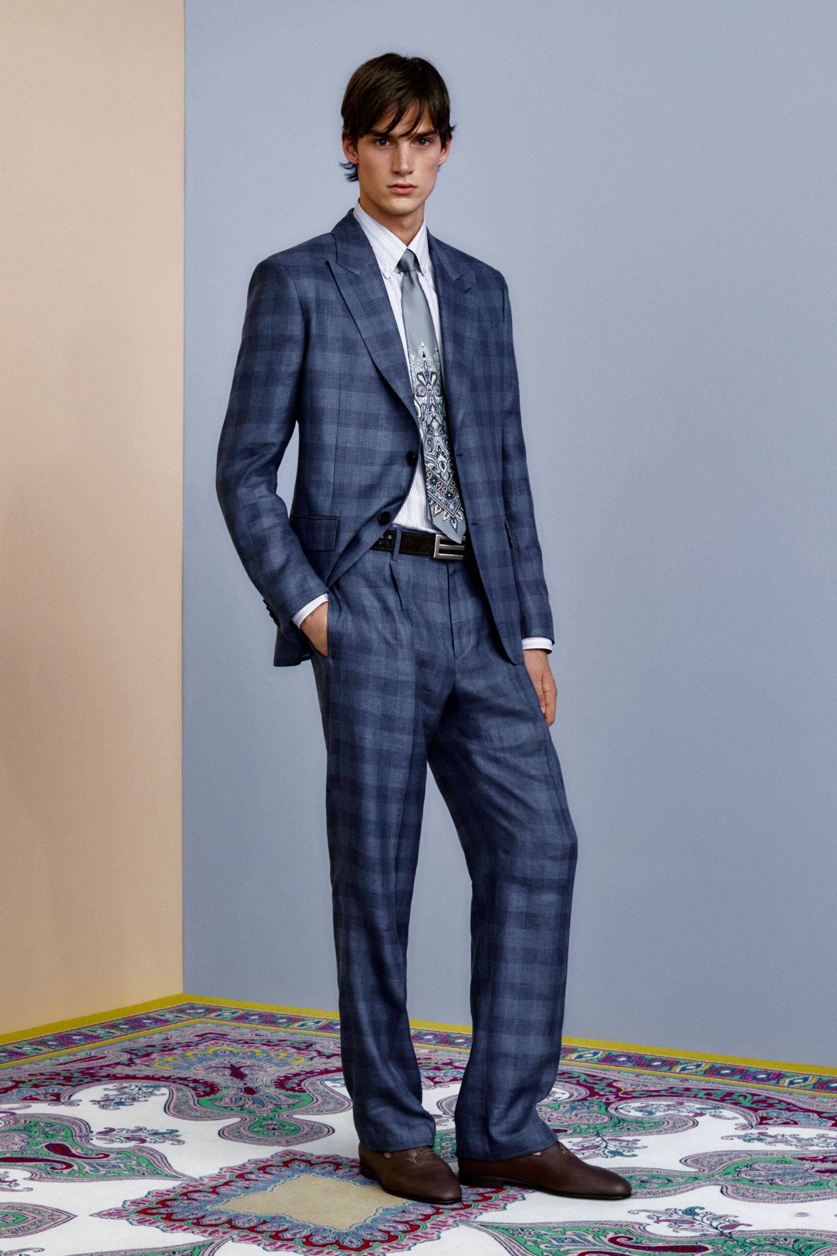 blue checked tailored suit