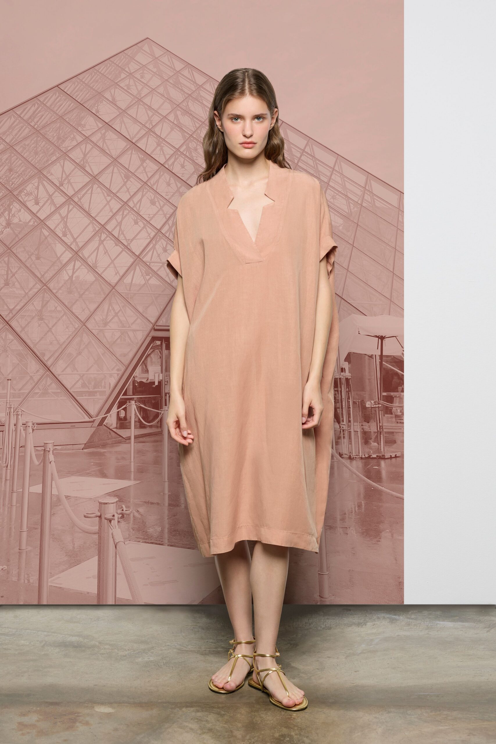 pink cotton short-sleeve v-neck relaxed straight-leg midi dress