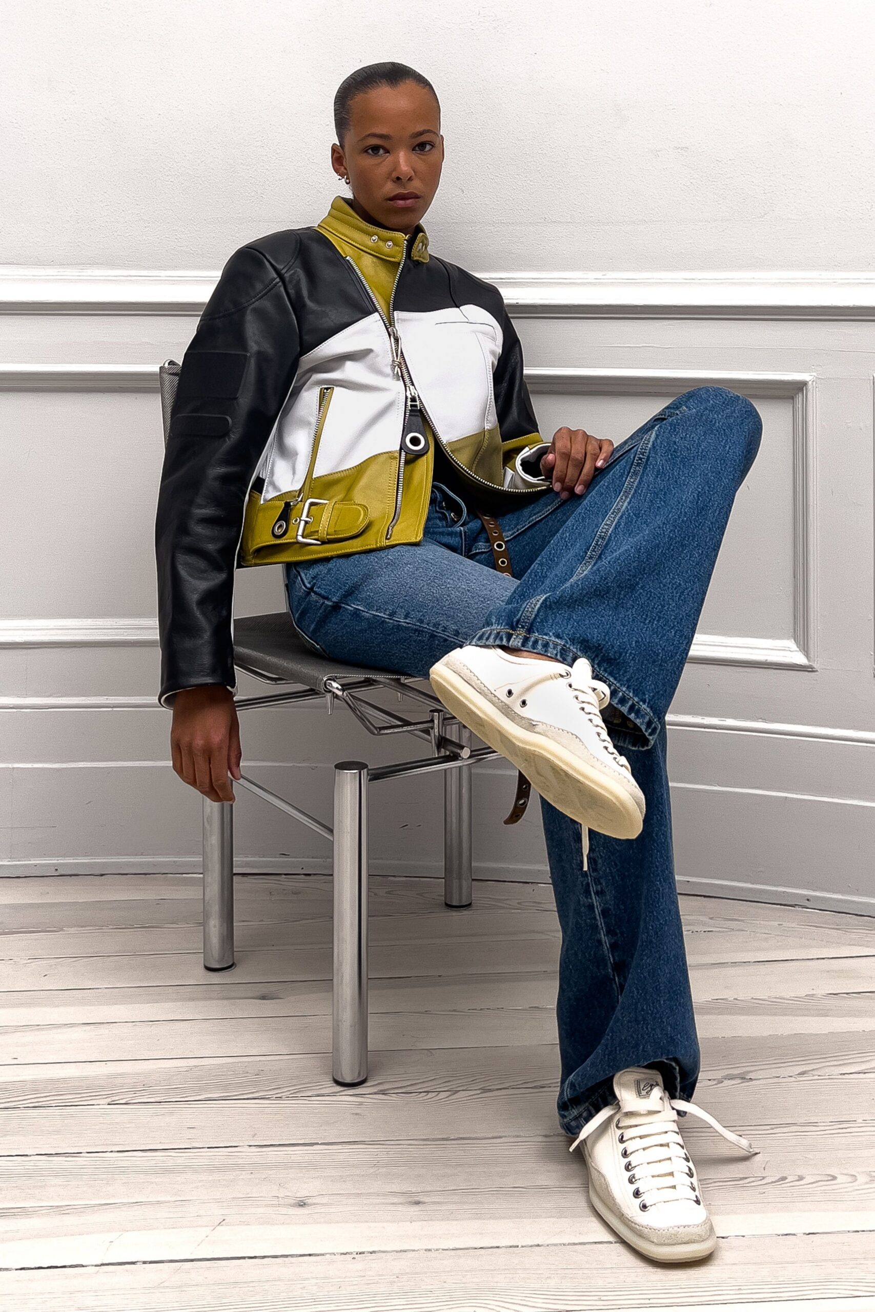 color-blocked leather jacket with jeans