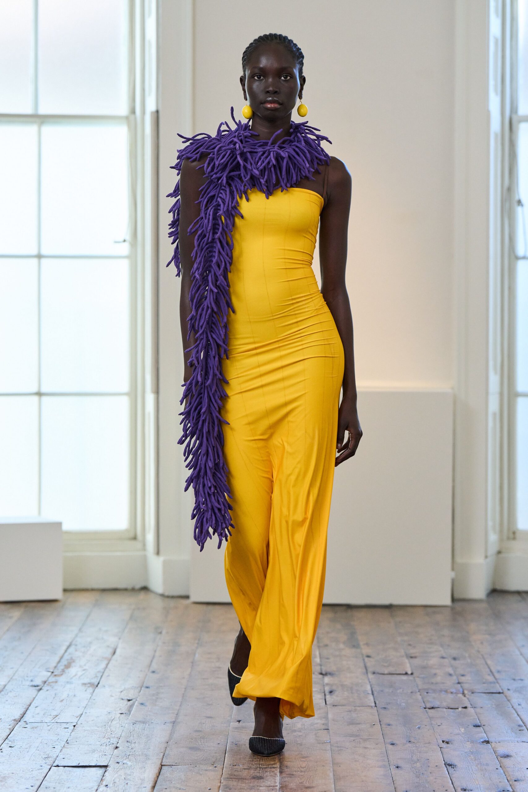 yellow cotton sleeveless v-neck fitted ruched maxi gown