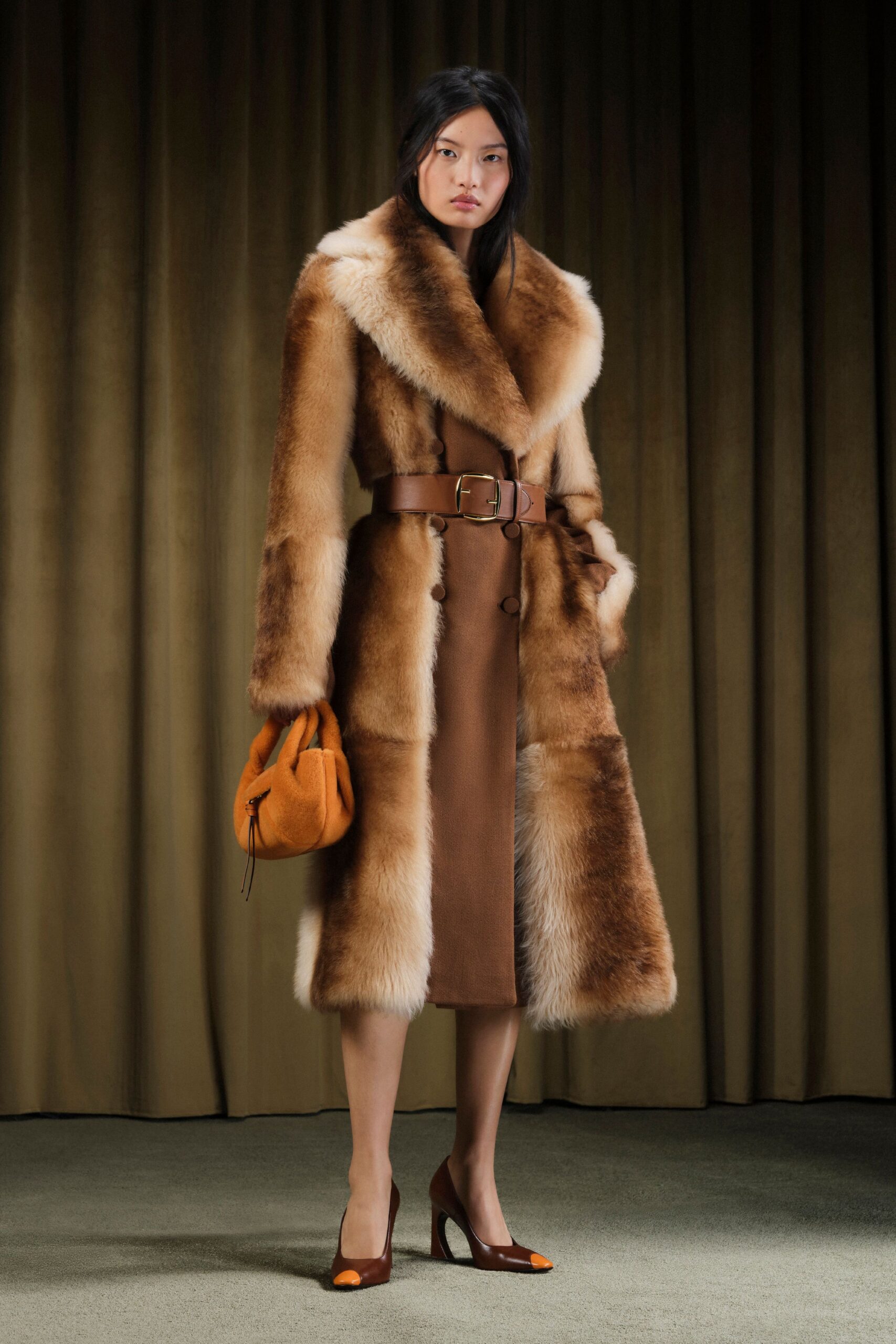brown fur coat with belt