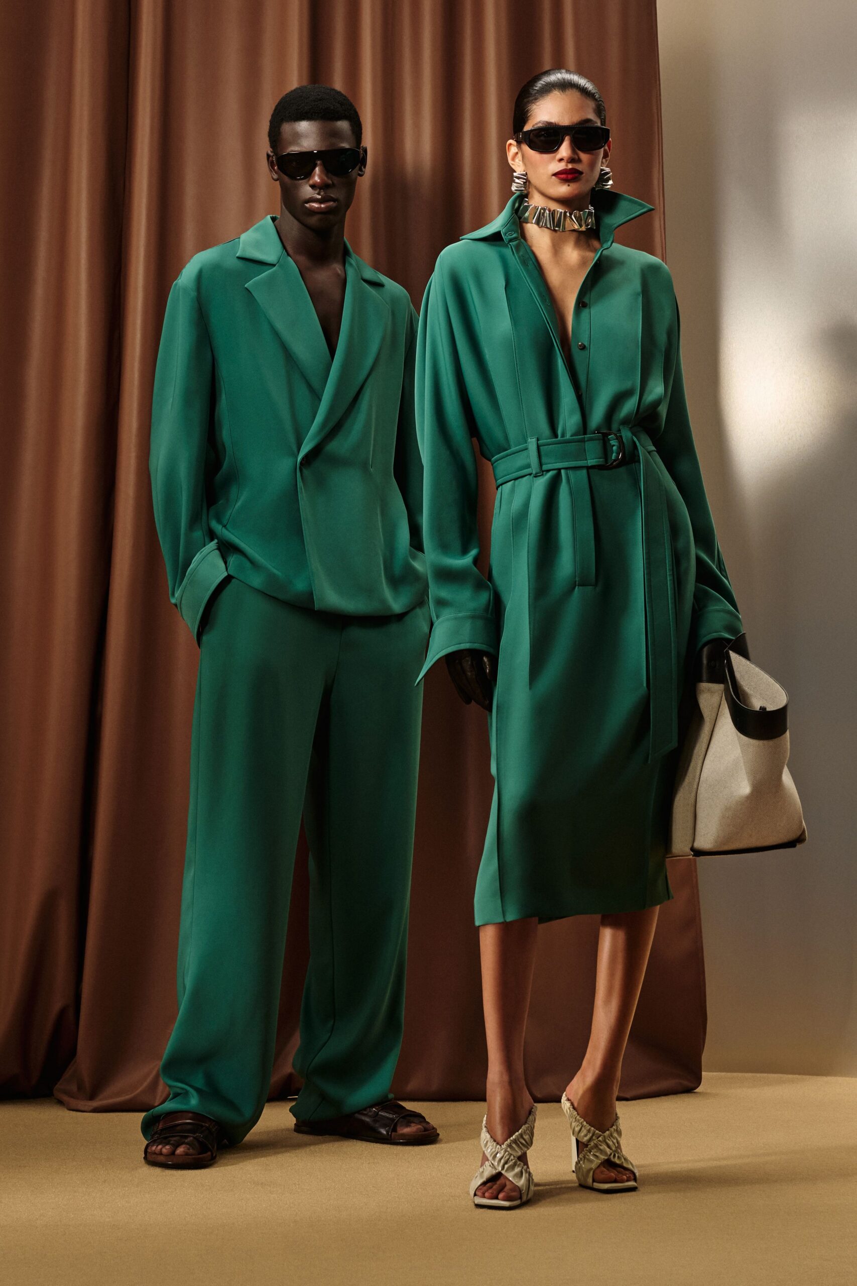 green silk long-sleeve collared fitted belted midi shirt-dress