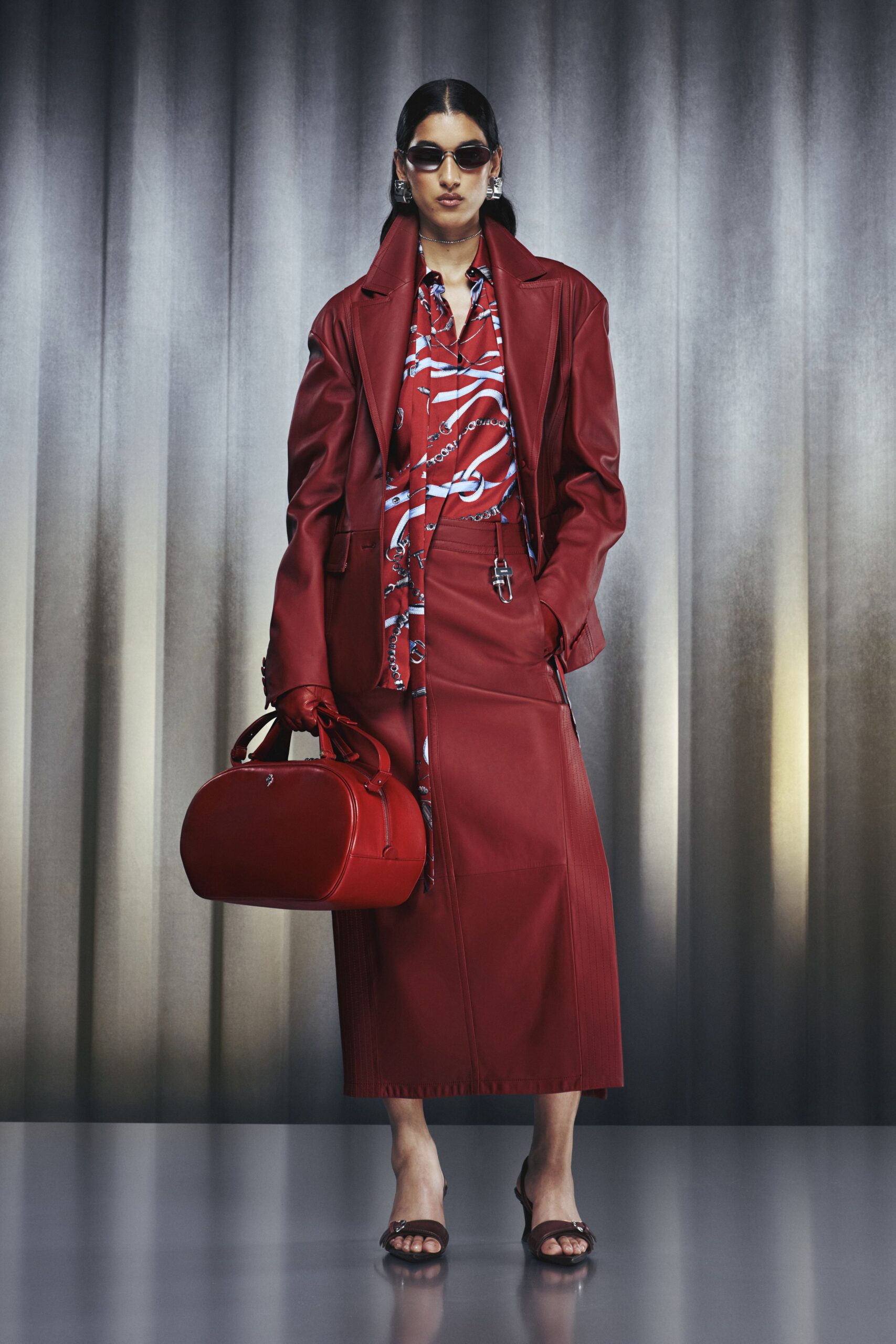red leather fitted straight-leg midi skirt