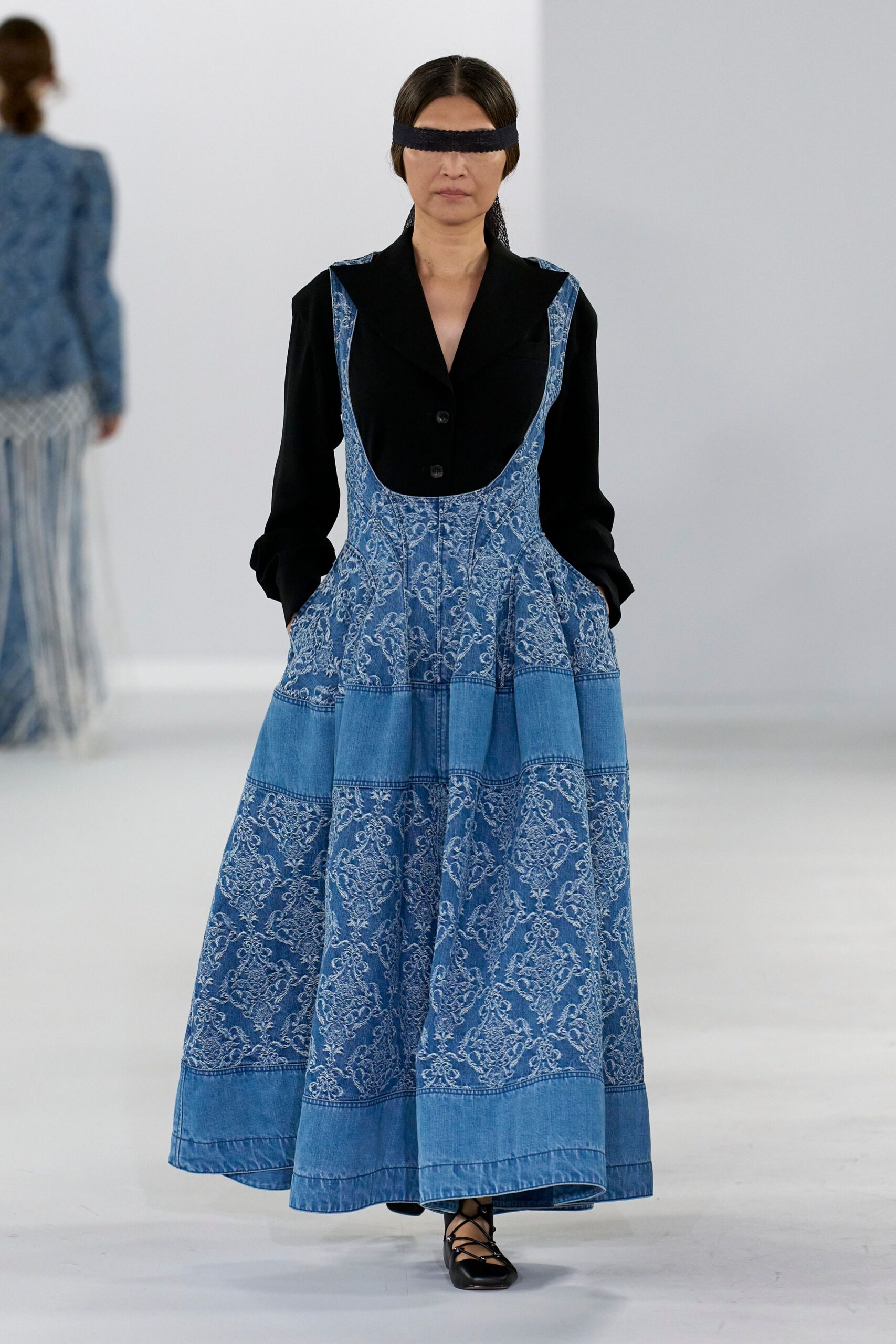 blue denim sleeveless collared relaxed tiered maxi dress