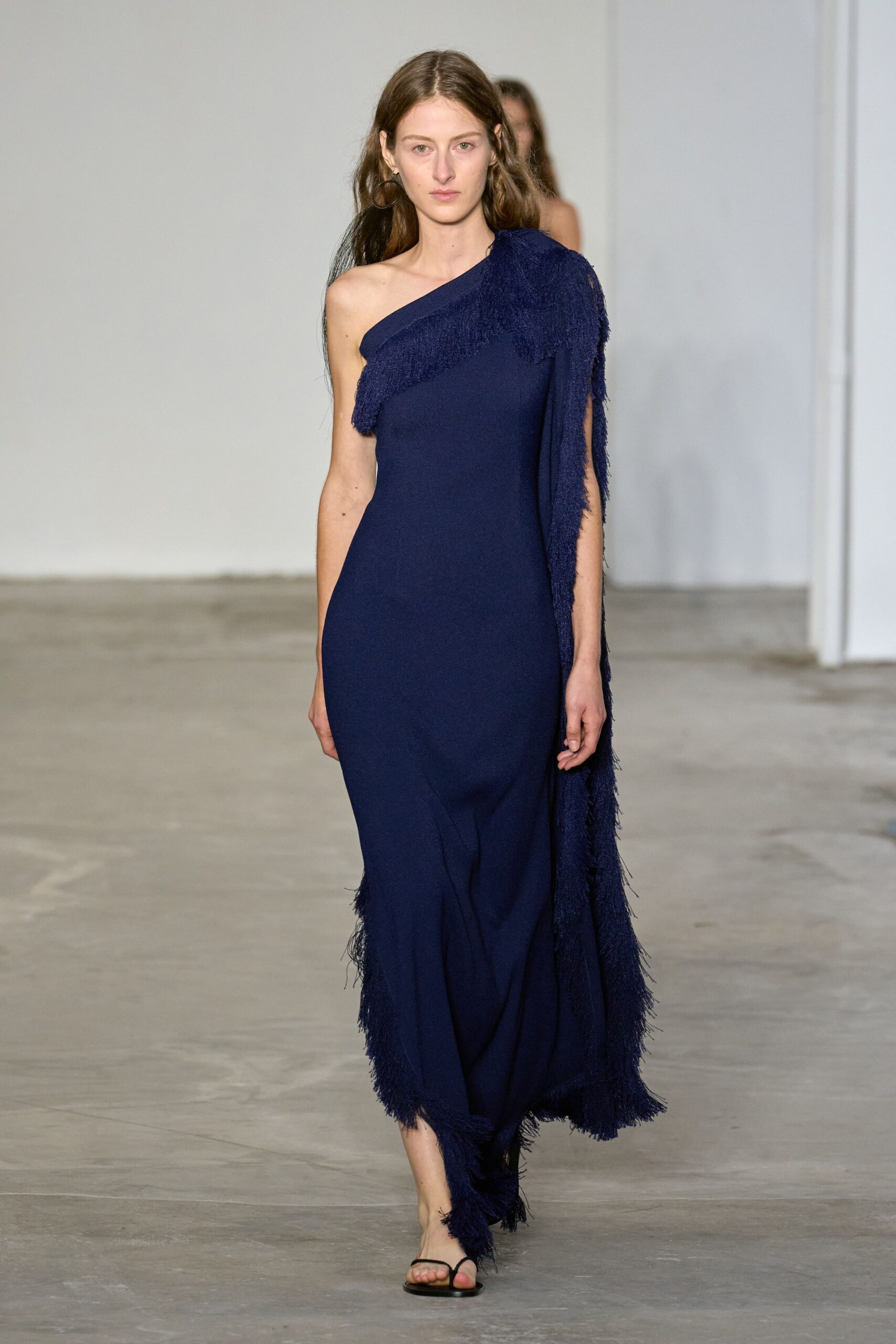 blue fringed off-shoulder gown