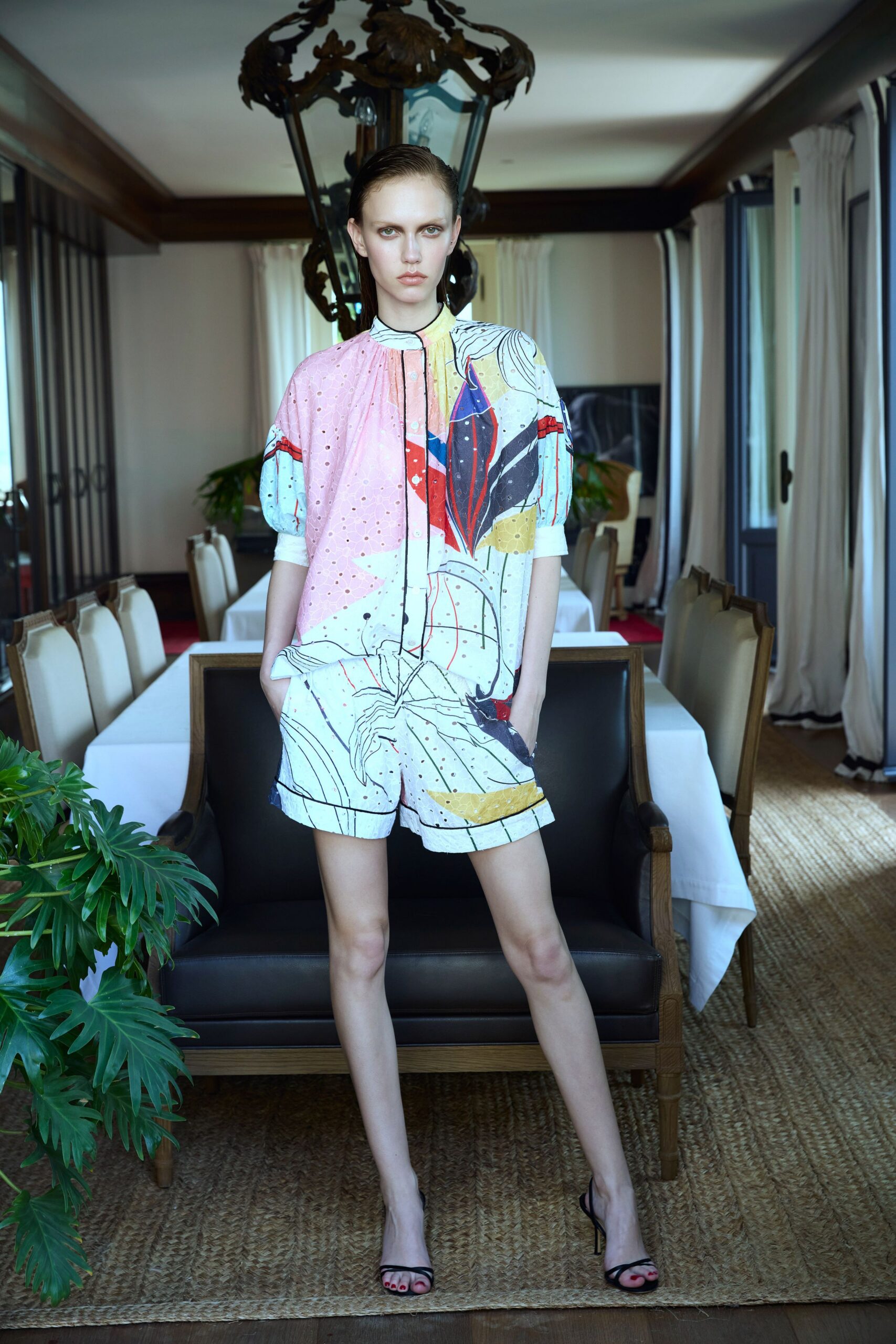 pink cotton short-sleeve collared relaxed printed romper