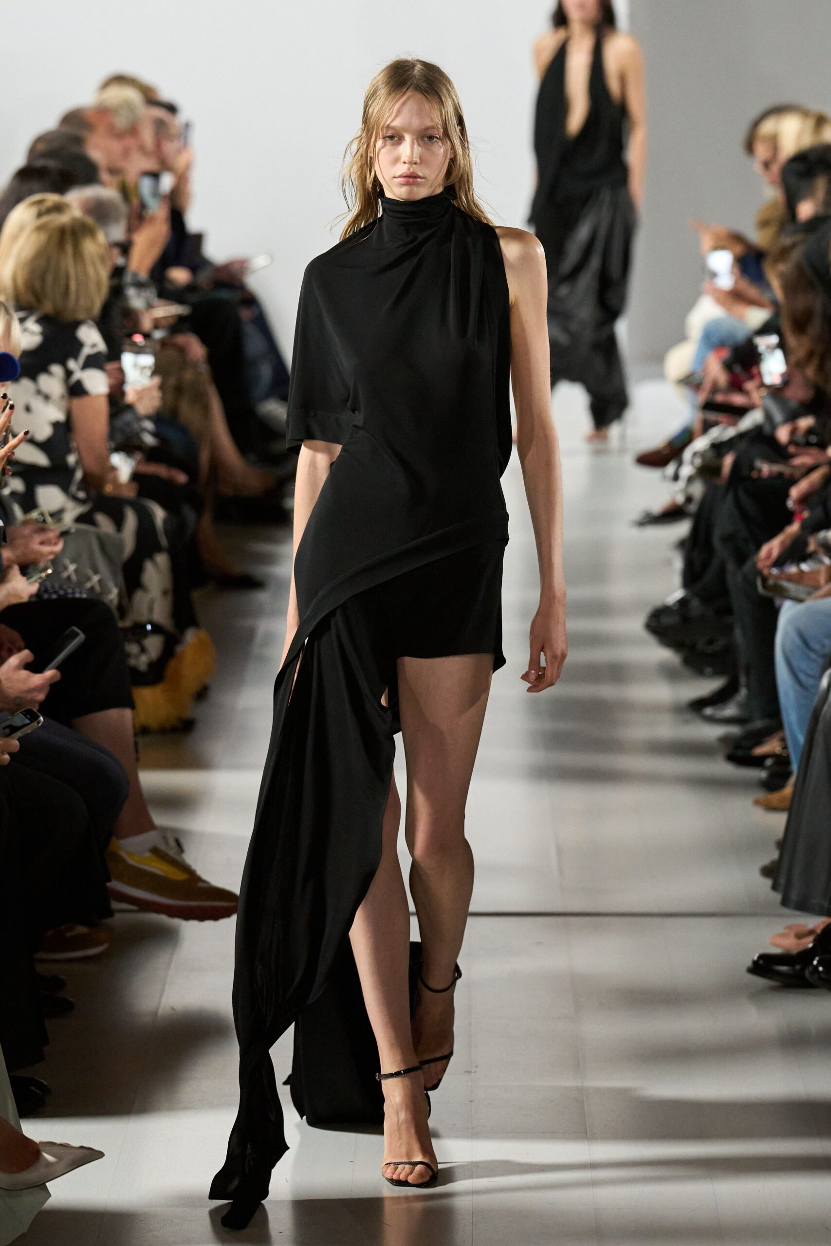black silk sleeveless high-neck fitted draped short dress