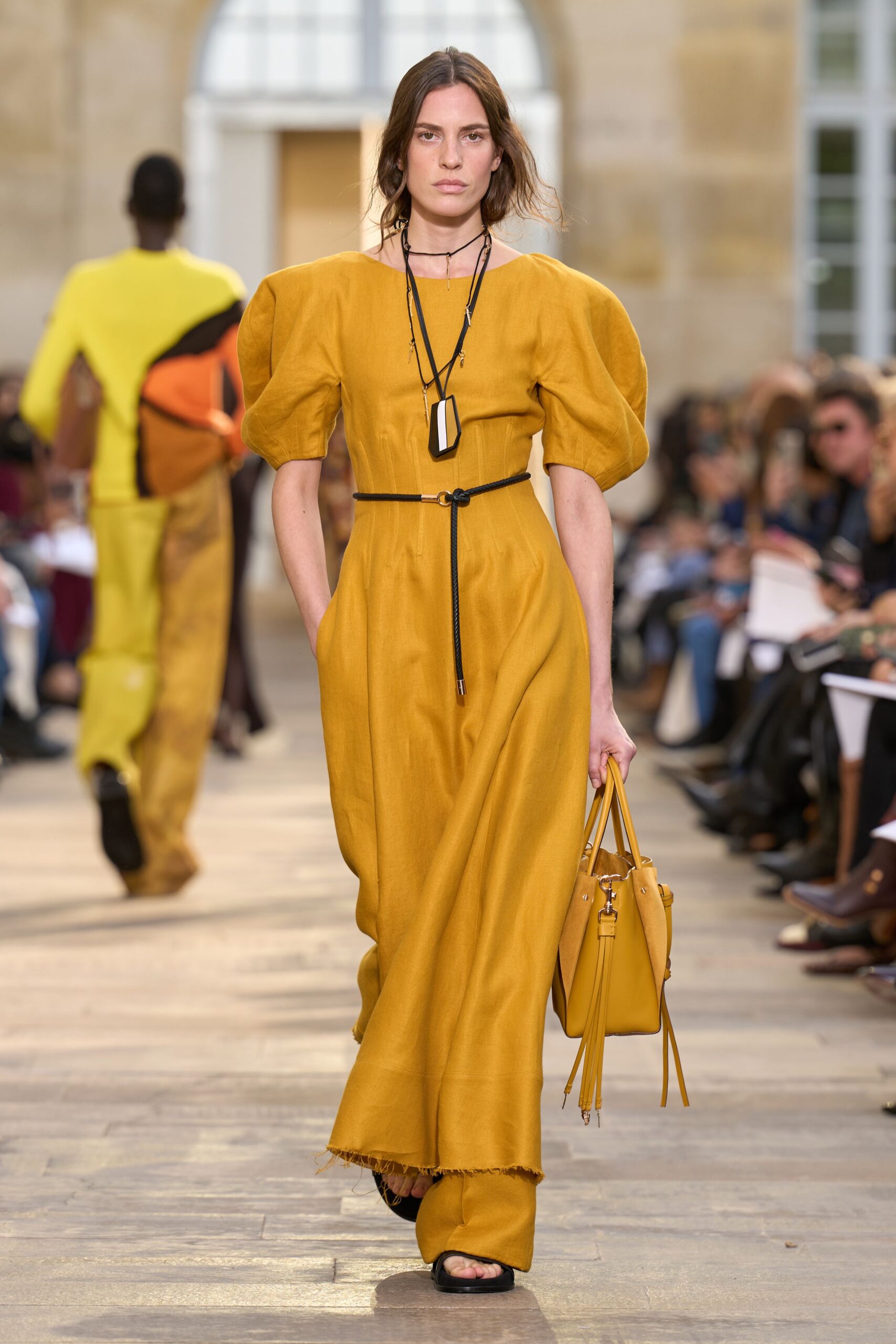 yellow cotton short-sleeve v-neck fitted pleated maxi dress