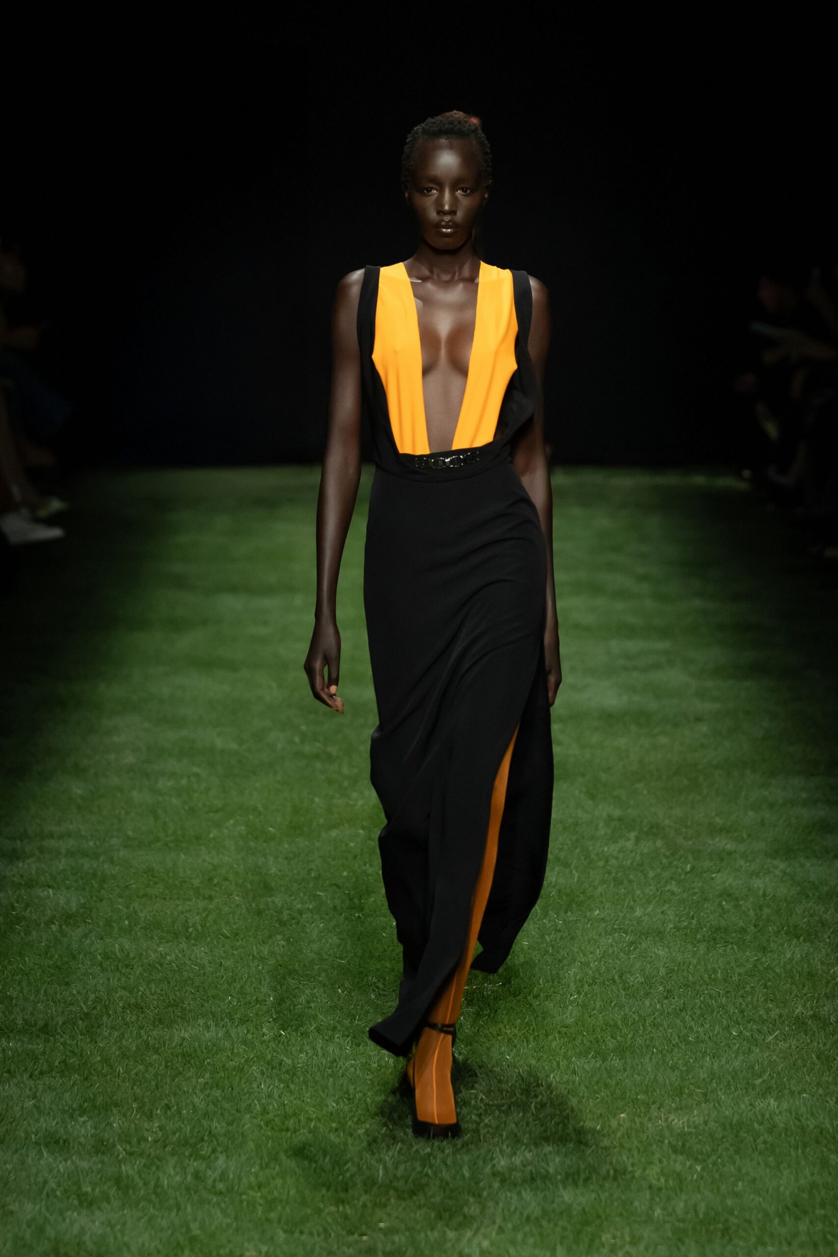 black and orange sleeveless gown