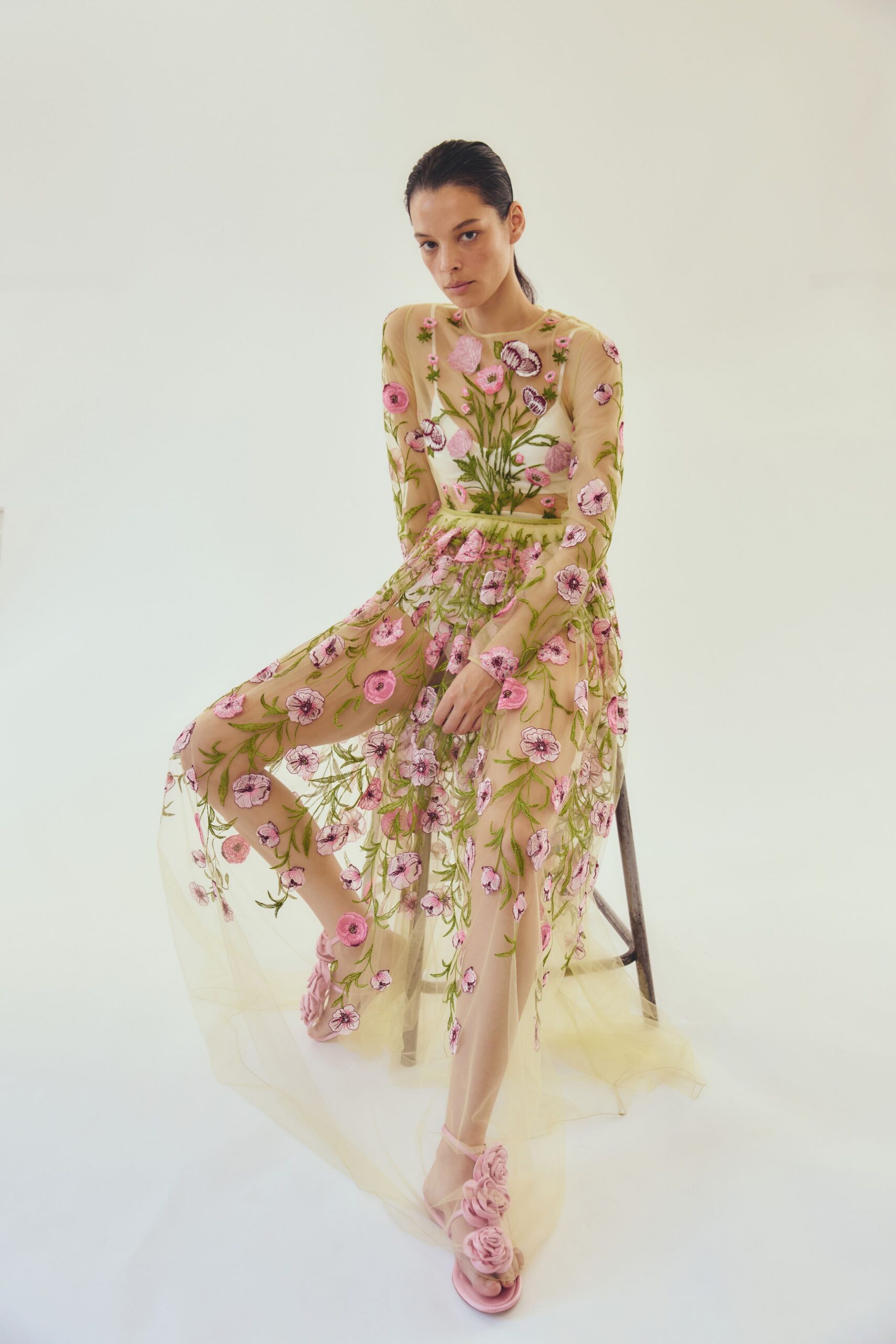 beige tulle long-sleeve v-neck fitted floral layered dress