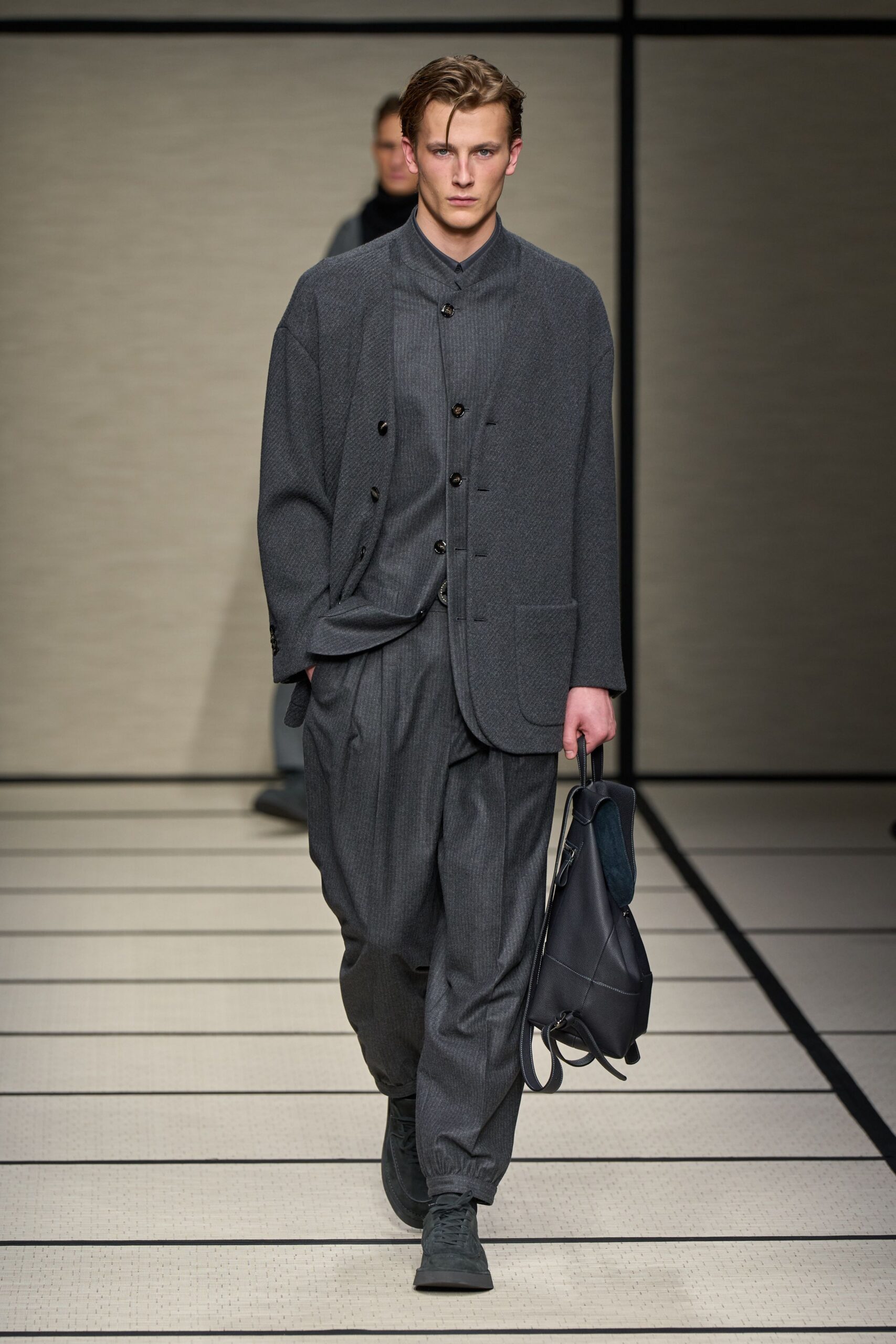 gray wool long-sleeve collared relaxed buttoned jacket